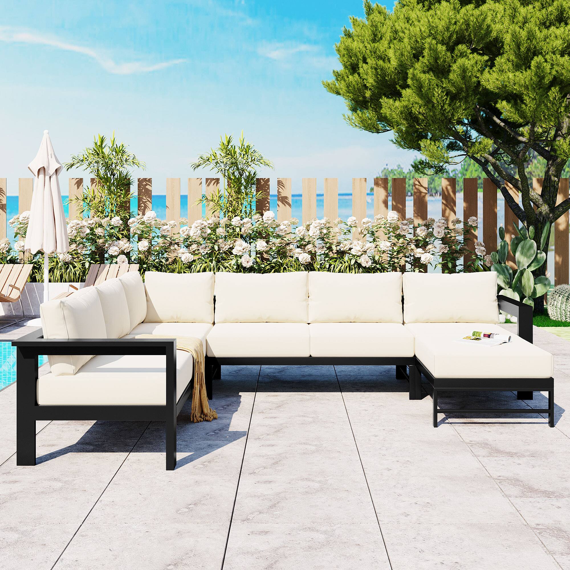 Left. Siljoy - U-shaped multi-person outdoor sofa set, suitable for gardens, backyards, and balconies - White.