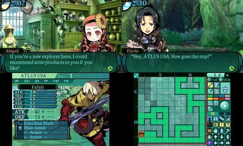 am 07  
Abigail: If you're a new explorer here, I could recommend some products to you if you like?

am 10  
Flavio: "Hey, ATLUS USA. How goes the map?"

ATLUS USA  
Lv 1  
HP 33/33 TP 19/19  
Fafnir  
STR 9 TEC 6 VIT 6 AGI 5 LUC 5  
ATK 42 DEF 13  
Guardian Blade Hide Armor Armor

1F  
Full Slide