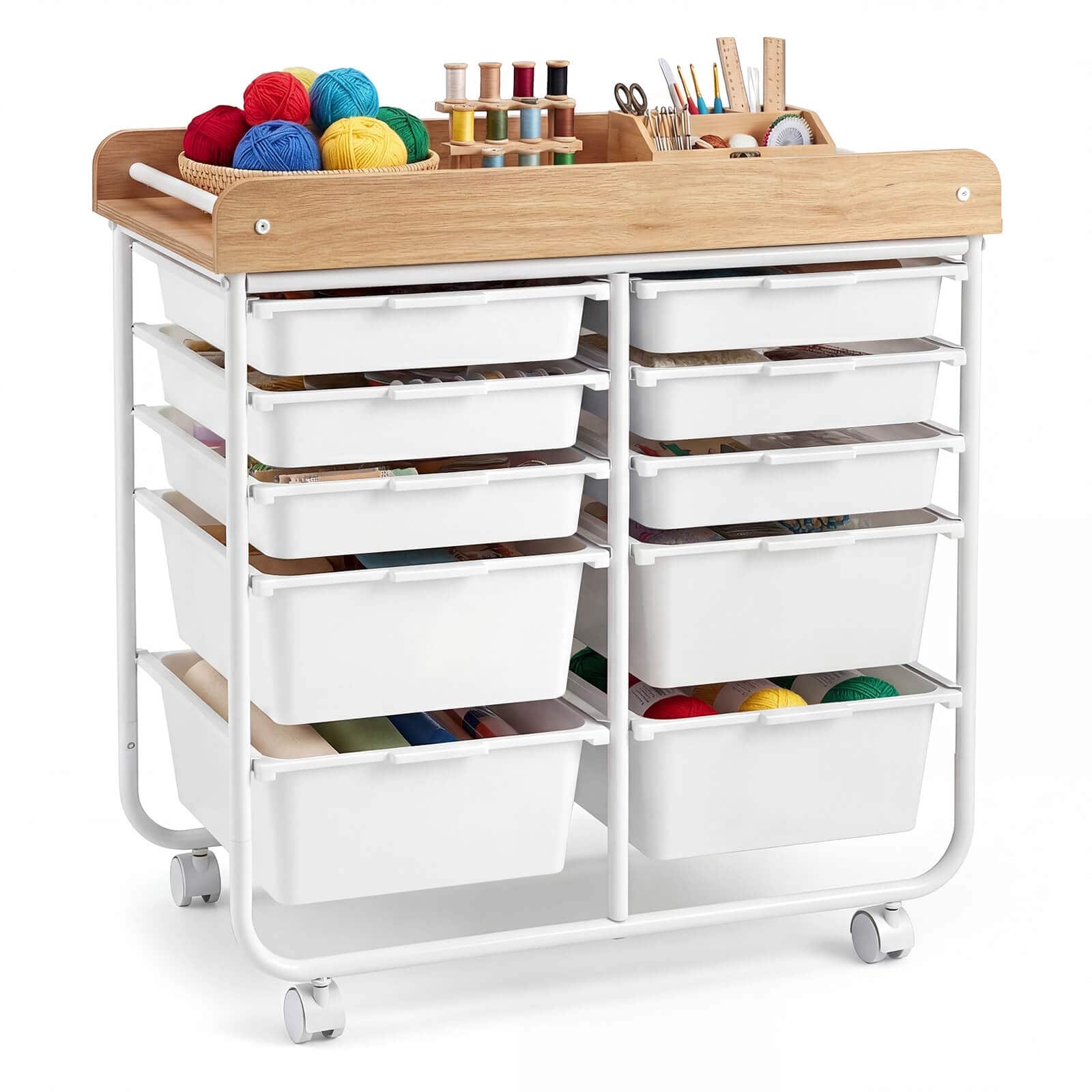 Costway - 10-Drawer Rolling Cart, Art & Craft Storage Cart with Wooden Tabletop&Lockable Wheels - Natural + White