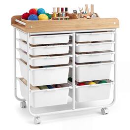 Costway - 10-Drawer Rolling Cart, Art & Craft Storage Cart with Wooden Tabletop&Lockable Wheels - Natural + White