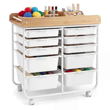 Front. Costway - Costway 10-Drawer Rolling Cart, Art & Craft Storage Cart with Wooden Tabletop&Lockable Wheels - Natural + White.