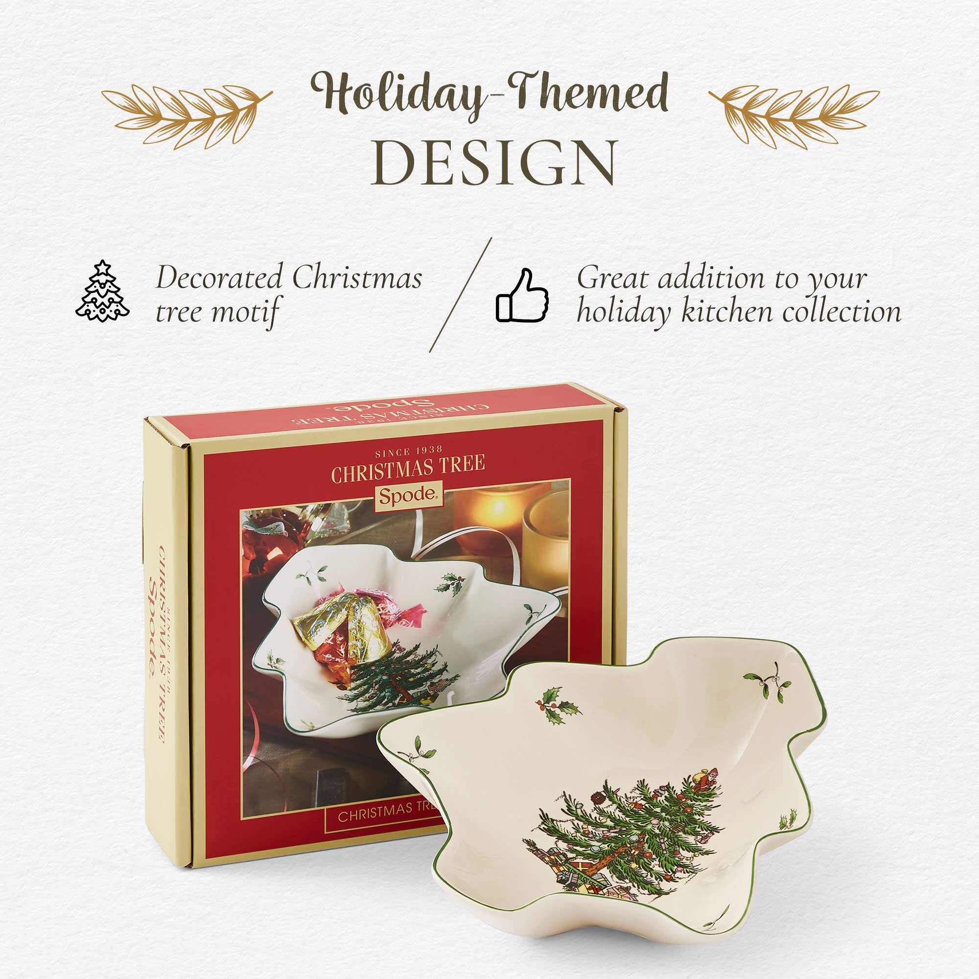 Holiday-Themed DESIGN  
Decorated Christmas tree motif  
Great addition to your holiday kitchen collection  
Spode SV CHRISTMAS TREE SINCE 1938 CHRISTMAS TREE Spode.