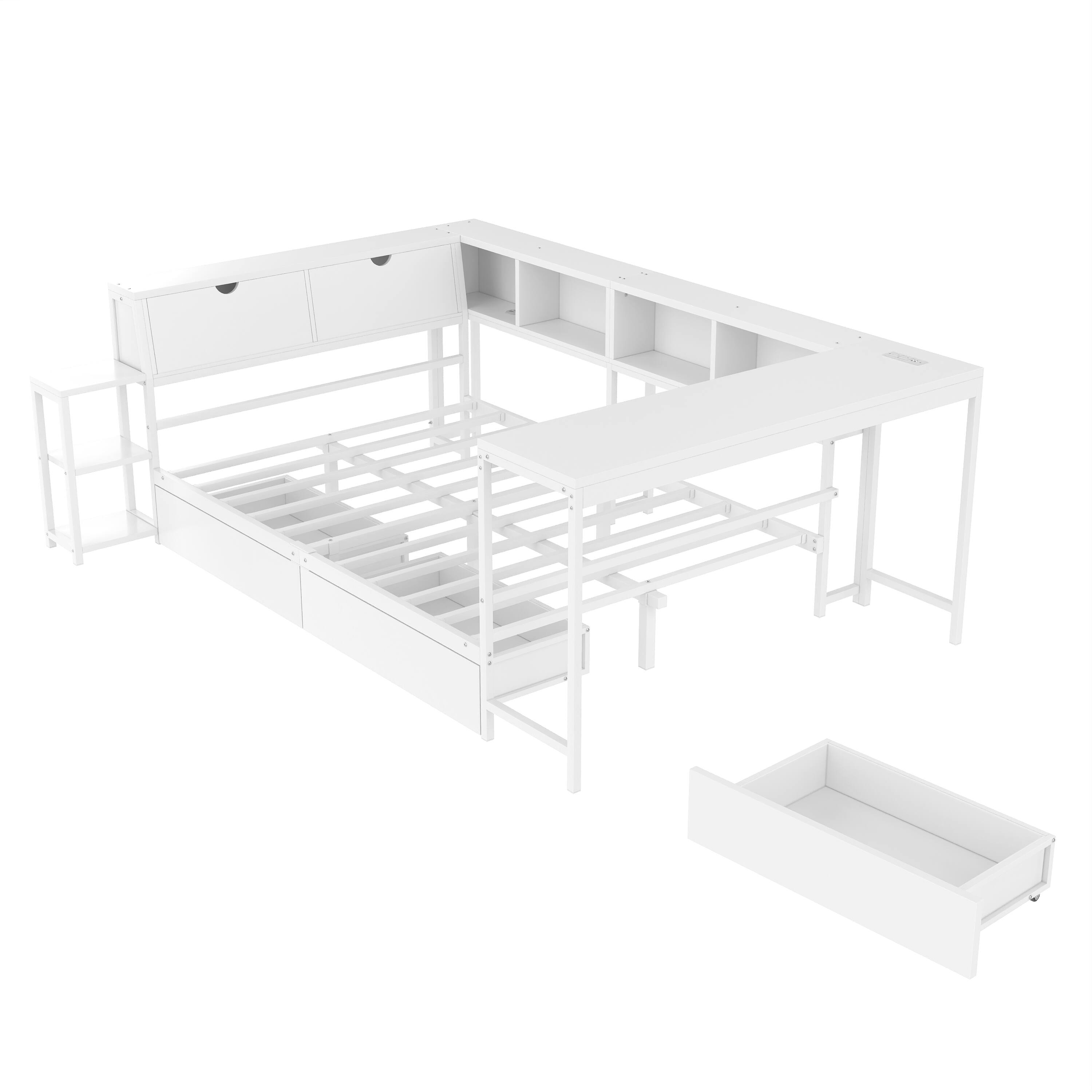Back. LUCKY ONE - Twin Size Corner Bed Frame with Bookcase and 2 Underbed Storage Drawers - White.