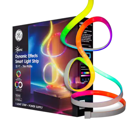 The text on the image reads: "Dynamic Effects Smart Light Strip 32 FT - Thin Profile - 1 ID Segment Control - 1 Whole Tones - 1 Color - Slim Light Strip Power Supply."