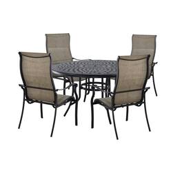 Mondawe - 5-Piece Outdoor Dining Set with Round Cast Aluminum Mesh Design Table and 4 Teslin Chairs - Black+Bronze