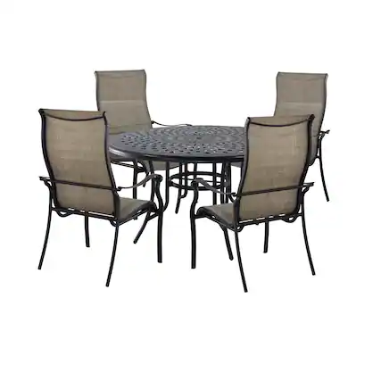 Front. Mondawe - 5-Piece Outdoor Dining Set with Round Cast Aluminum Mesh Design Table and 4 Teslin Chairs - Black+Bronze.