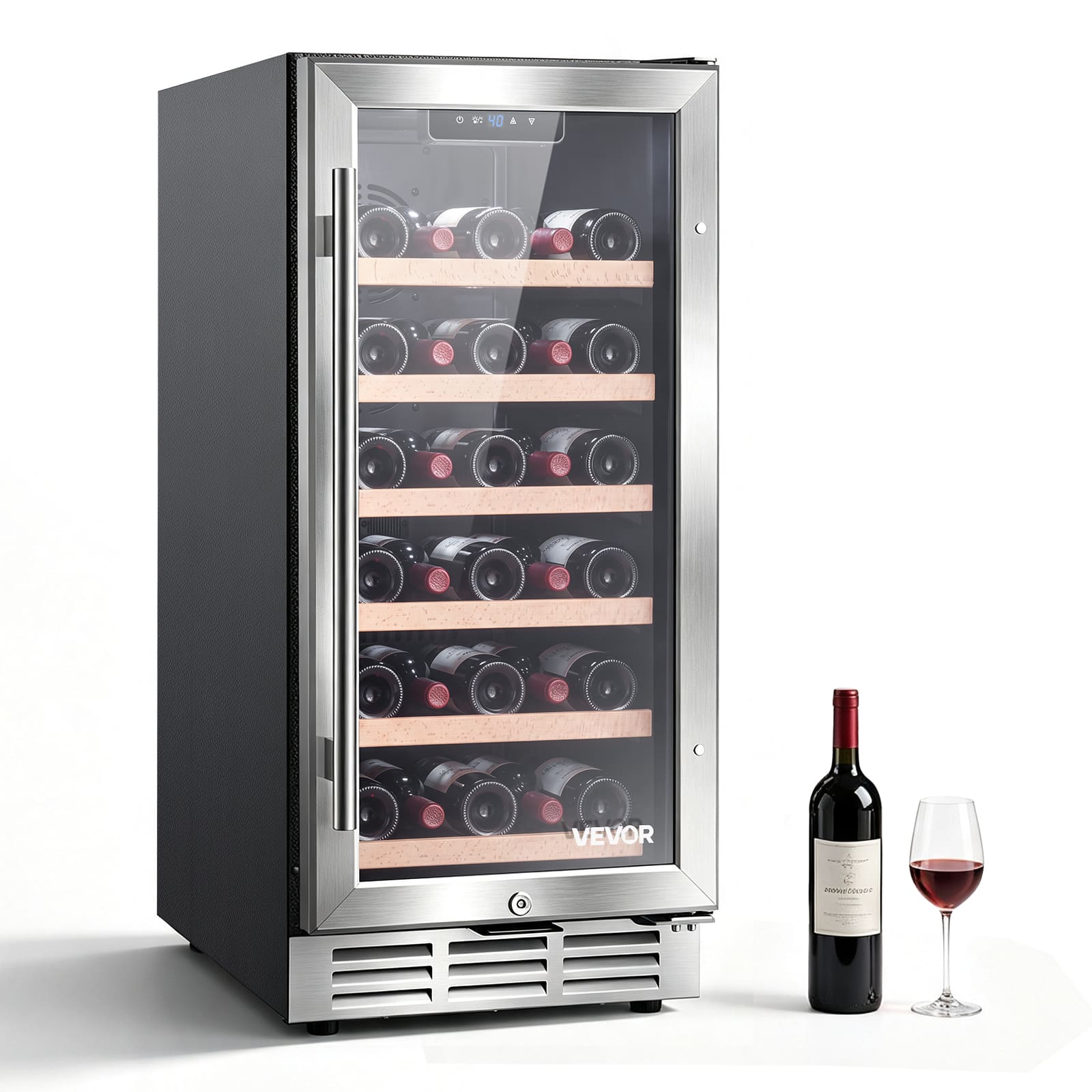 VEVOR - 15 inch Wine Fridge 30-Bottle Wine Cooler Refrigerator for Home Bar, Under Counter Built-in or Freestanding Compressor - Black;Silver