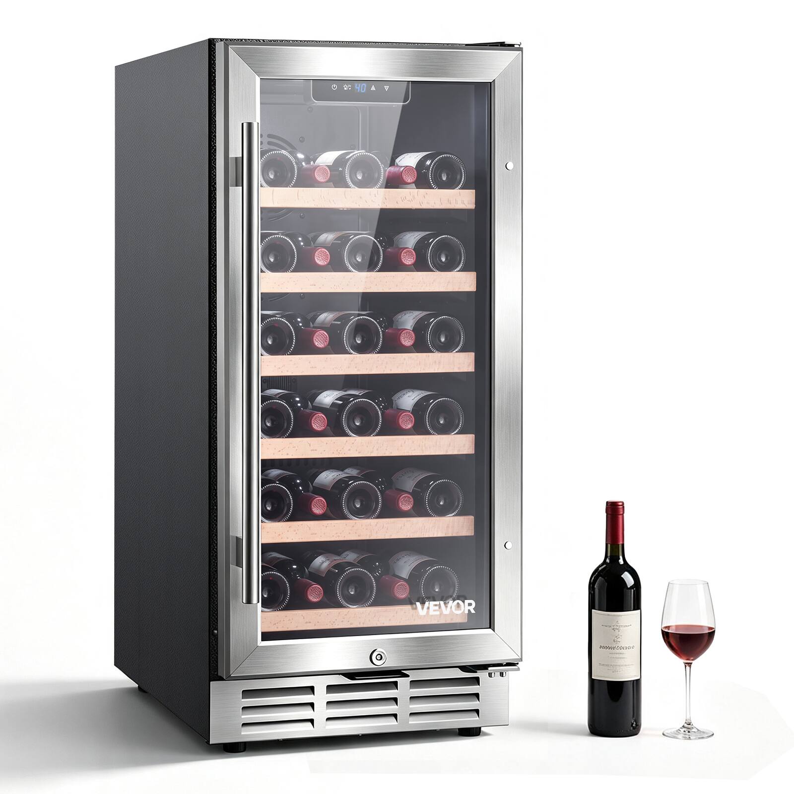 VEVOR - 15 inch Wine Fridge 30-Bottle Wine Cooler Refrigerator for Home Bar, Under Counter Built-in or Freestanding Compressor - Black;Silver
