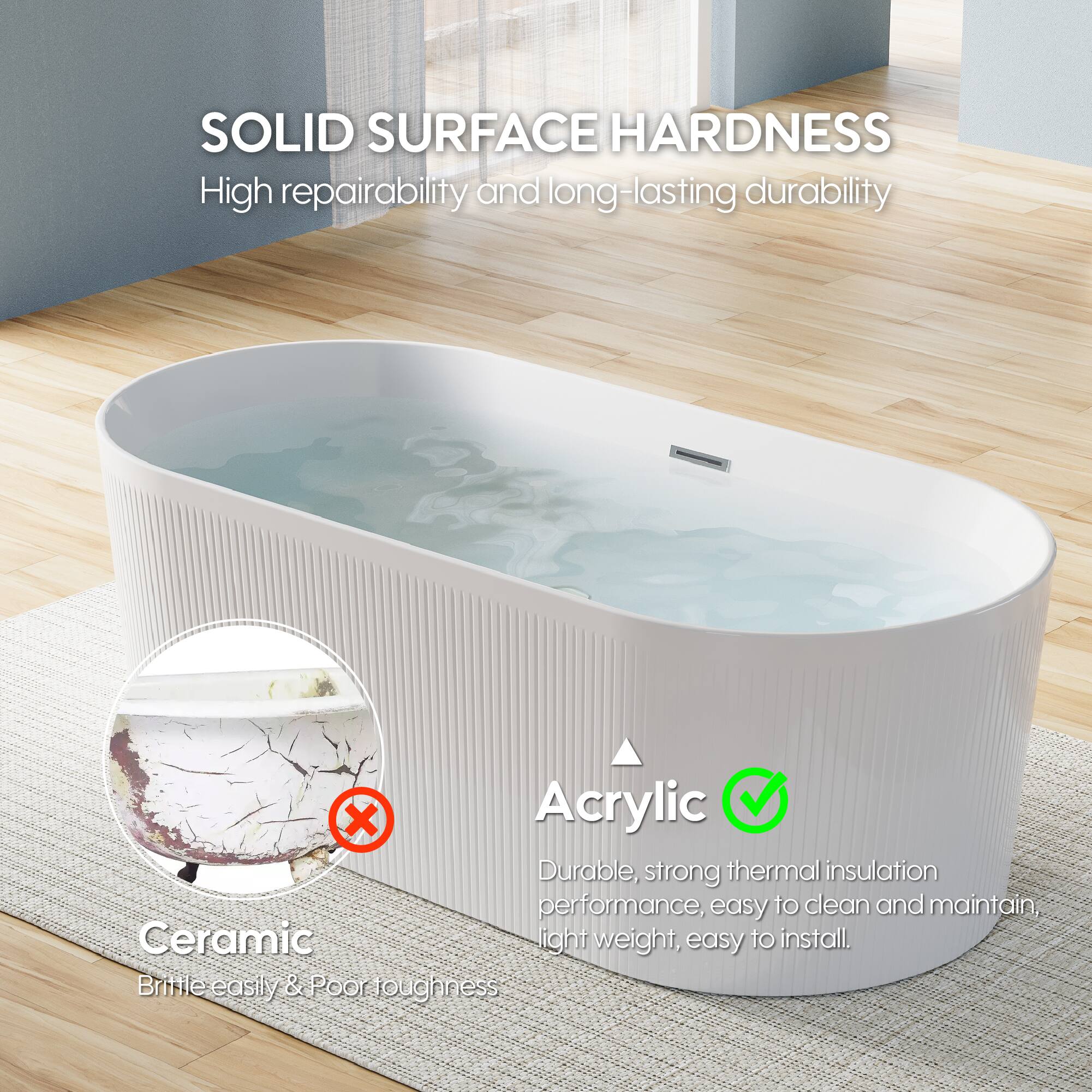 SOLID SURFACE HARDNESS  
High repairability and long-lasting durability  

Acrylic  
Durable, strong thermal insulation performance, easy to clean and maintain, light weight, easy to install  

Ceramic  
Brittle easily & Poor toughness