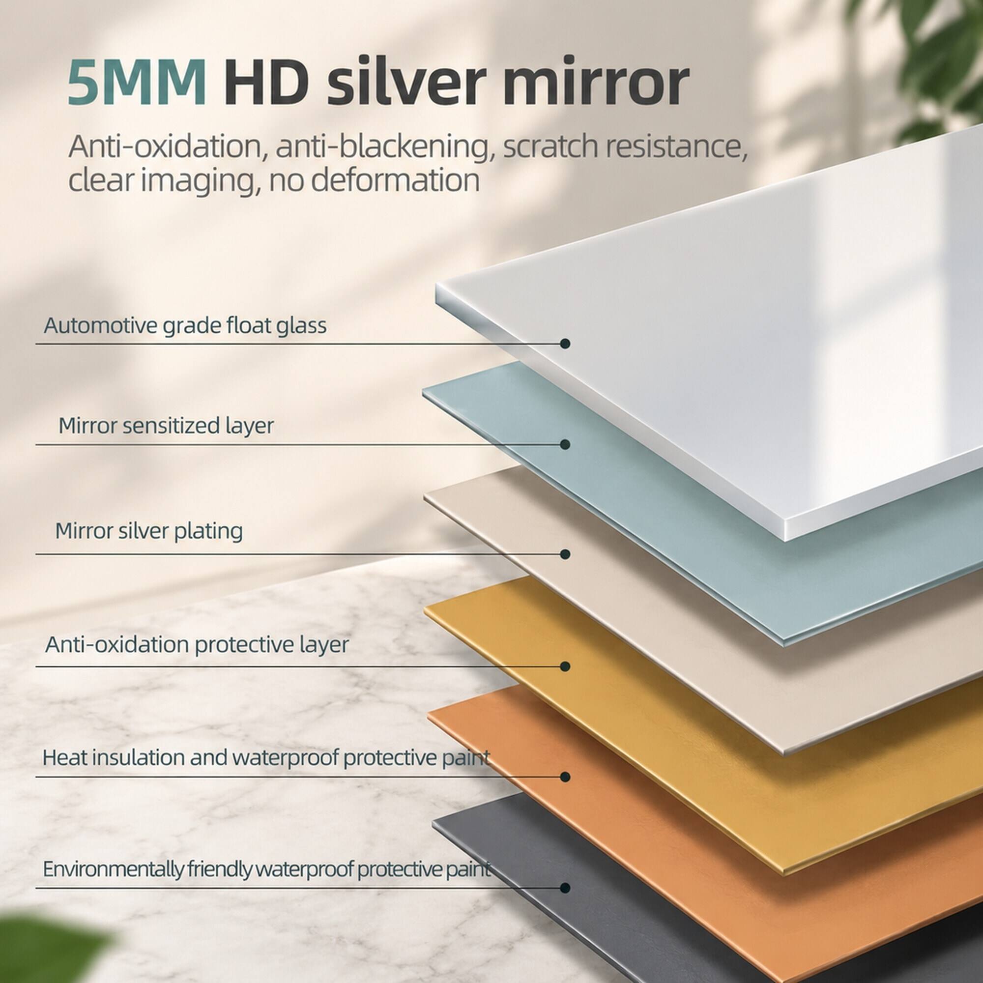 5MM HD silver mirror  
Anti-oxidation, anti-blackening, scratch resistance, clear imaging, no deformation  

Automotive grade float glass  
Mirror sensitized layer  
Mirror silver plating  
Anti-oxidation protective layer  
Heat insulation and waterproof protective paint  
Environmentally friendly waterproof protective paint