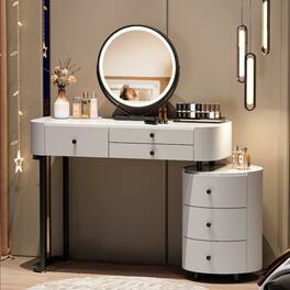 Loheer - Makeup Vanity with Detachable Mirror and Reversible Side Cabinet - White