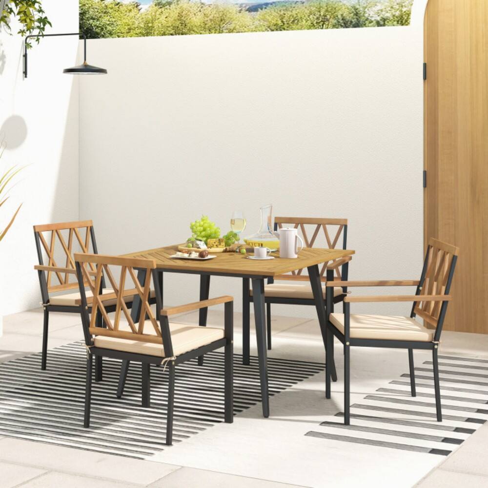 Back. Mondawe - 5 Pieces Outdoor Dining Table and Chairs with Cushions and 1.9 inches Umbrella Hole - Natural and Black.