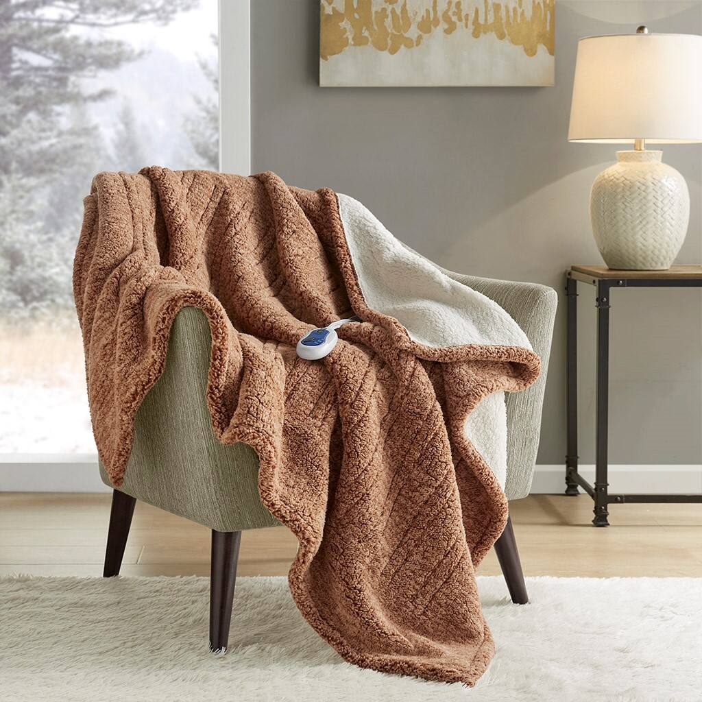 Alt View 1. Gracie Mills - Gracie Mills Mckinley Solid Heated Sherpa Throw - Brown.