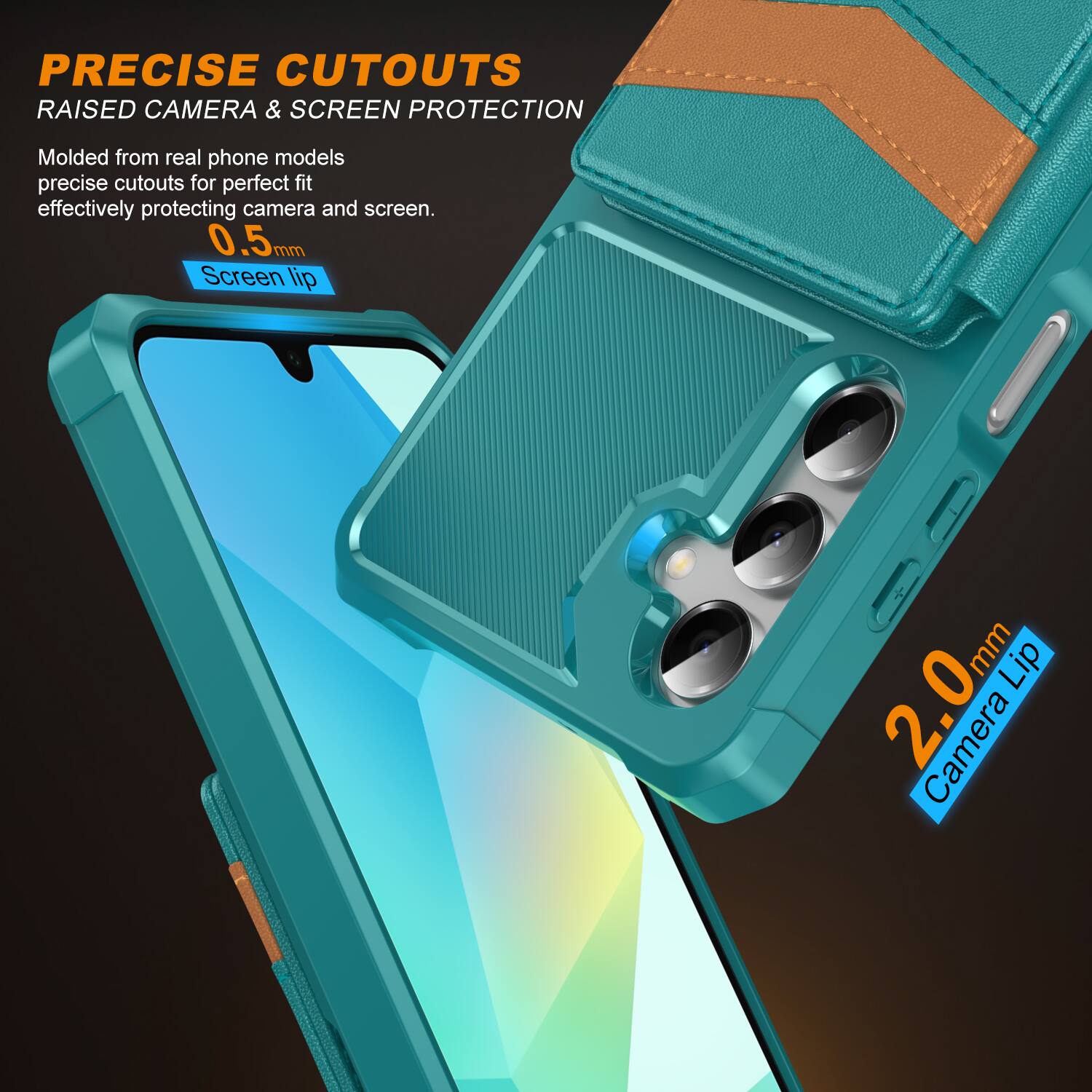PRECISE CUTOUTS  
RAISED CAMERA & SCREEN PROTECTION  

Molded from real phone models, precise cutouts for perfect fit, effectively protecting camera and screen.  

0.5mm Screen lip  
2.0mm Camera Lip