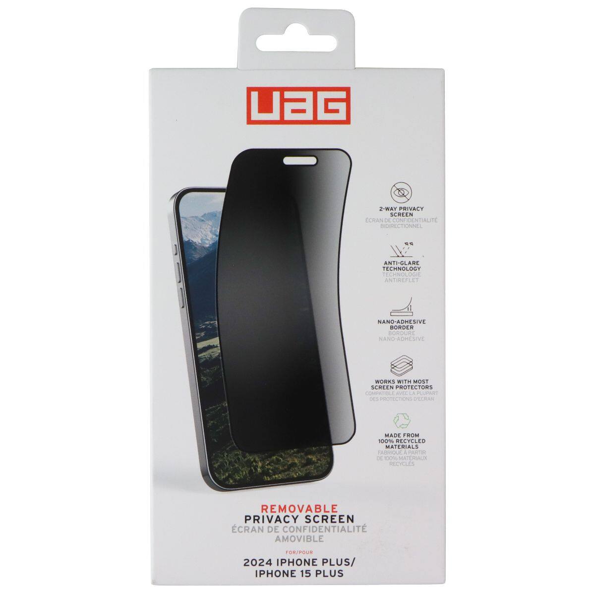 UAG 2-WAY PRIVACY SCREEN ECRAN DE CONFIDENTIALITÉ BIDIRECTIONNEL. ANTI-GLARE TECHNOLOGY ECHNOLOGIE ANTIREFLET NANO-ADHESIVE BORDER BORDURE NANO-ADHESIVE WORKS WITH MOST SCREEN PROTECTORS COMPATIBLE AVEC LA PLUPART DES PROTECTIONS ECRAN MADE FROM 100% RECYCLED MATERIALS FABRIQUÉ A PARTIR DE 100% MATÉRIAUX DE RECYCLES REMOVABLE PRIVACY SCREEN CRAN DE CONFIDENTIALITÉ AMOVIBLE FOR 2024 IPHONE PLUS/ IPHONE 15 PLUS