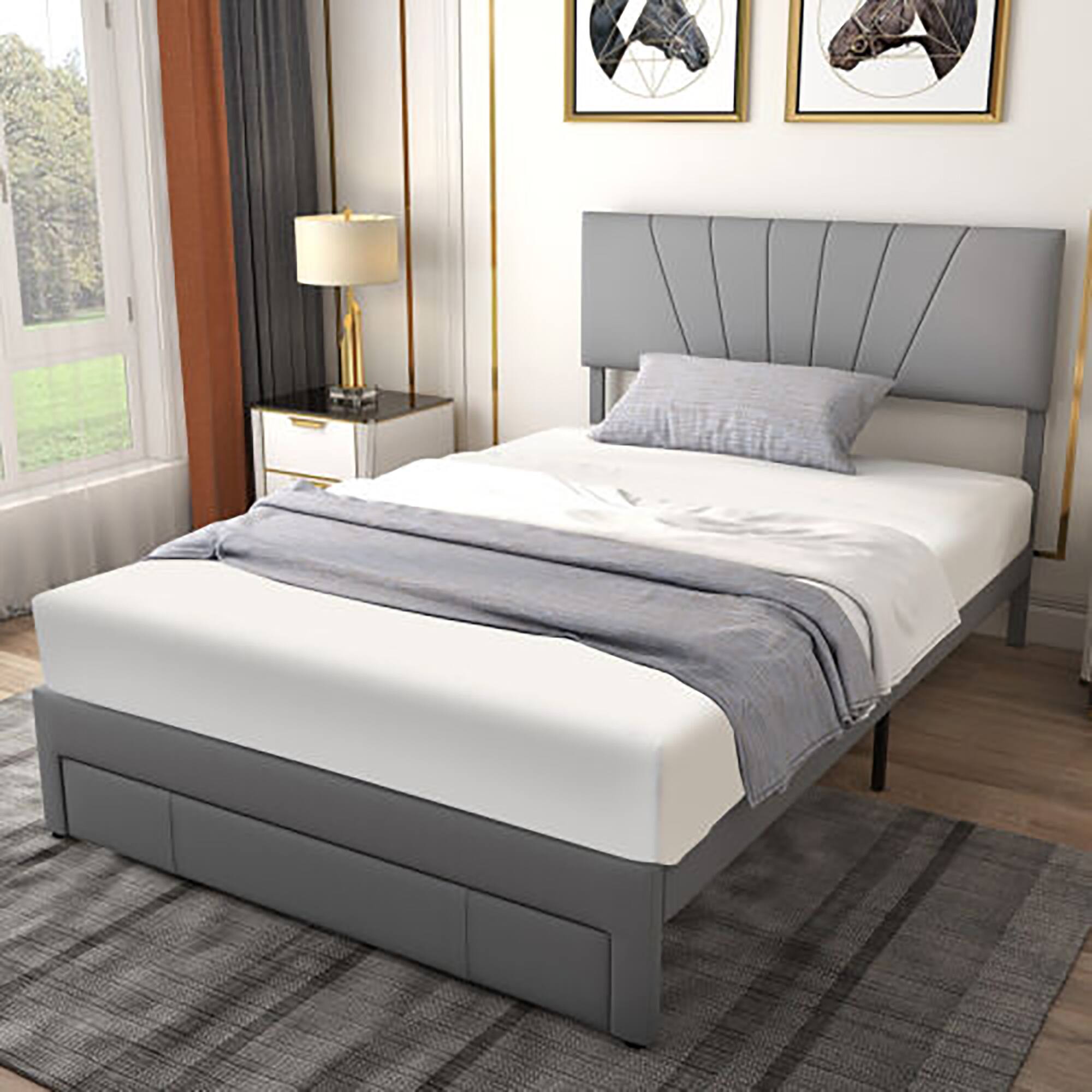 Front. Gymax - Gymax Full Upholstered Bed Frame Platform Bed with Drawer & Adjustable Headboard Grey - Grey.