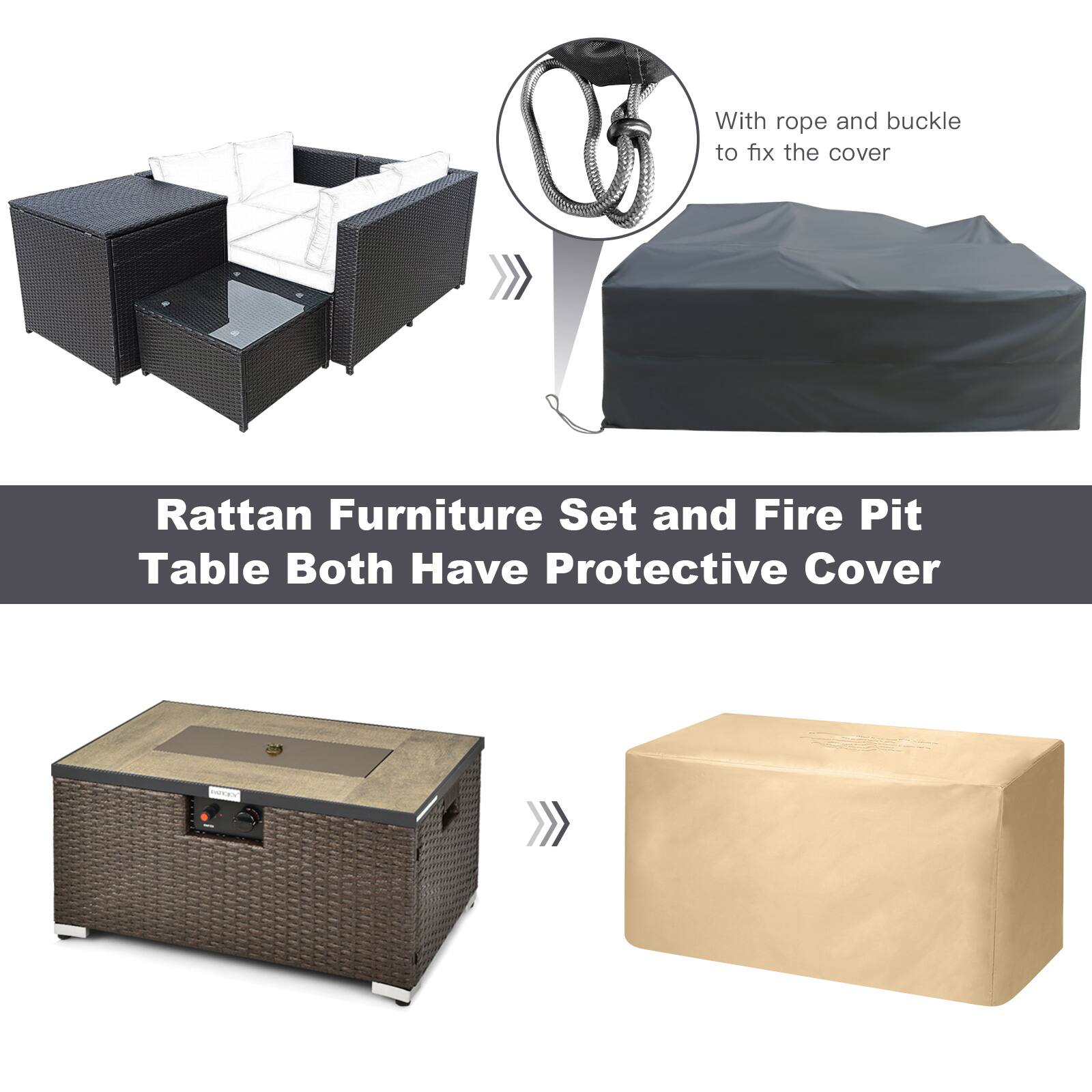 "Rattan Furniture Set and Fire Pit Table Both Have Protective Cover"