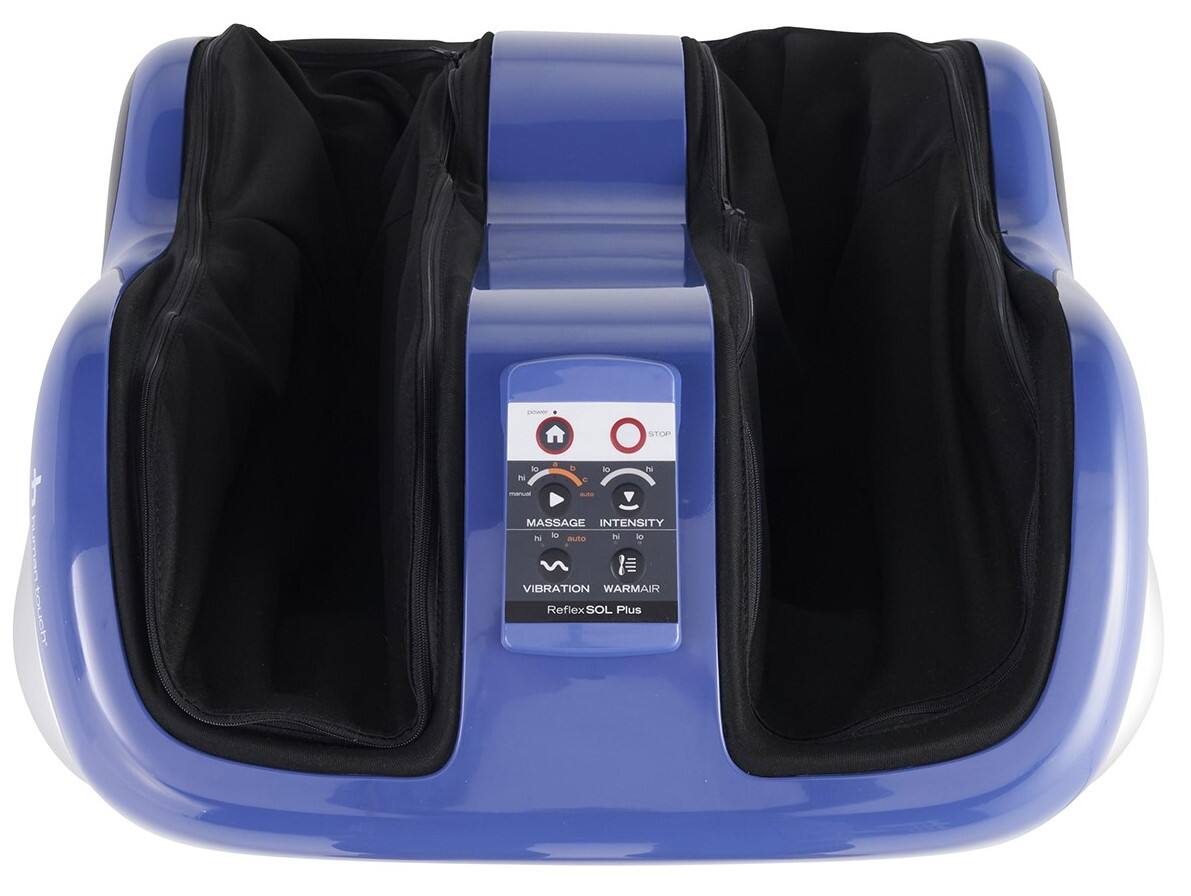 The text on the image reads: "STOP Fa E is A - MASSAGE INTENSITY I i t lo aAa Illi VIBRATION WARMAIR Reflex XX SOL Plus."