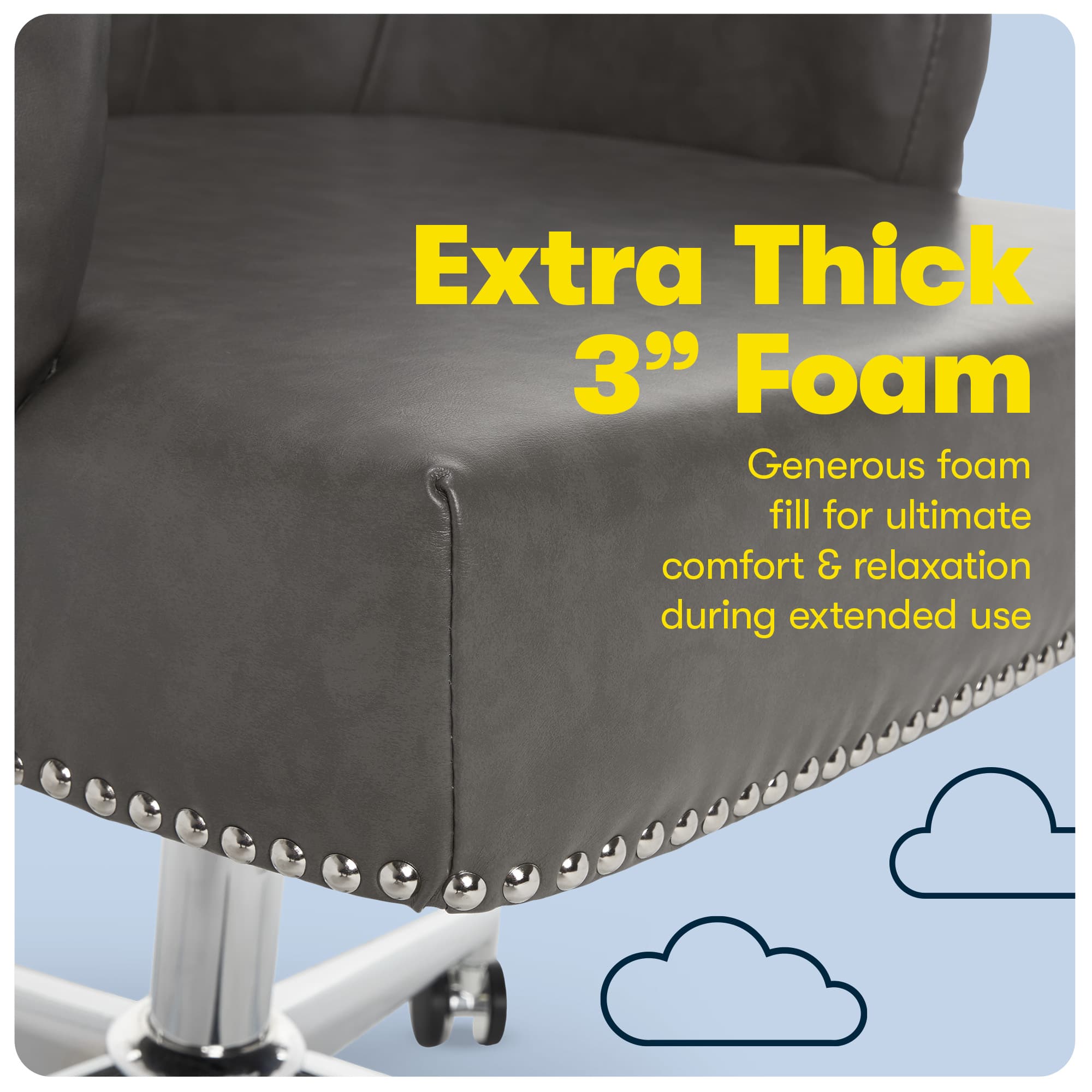 The image features a chair with a thick leather seat and a cloudy blue background. The chair is described as having extra thick 3" foam, which provides generous comfort and relaxation during extended use. The foam fill ensures that the chair is comfortable and cozy, making it an ideal choice for those who want to relax and unwind.