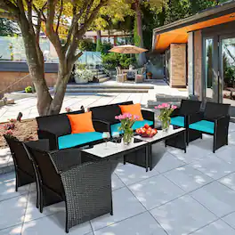 Gymax - 8PCS Rattan Outdoor Conversation Set Patio Furniture Set w/ Cushions - Turquoise