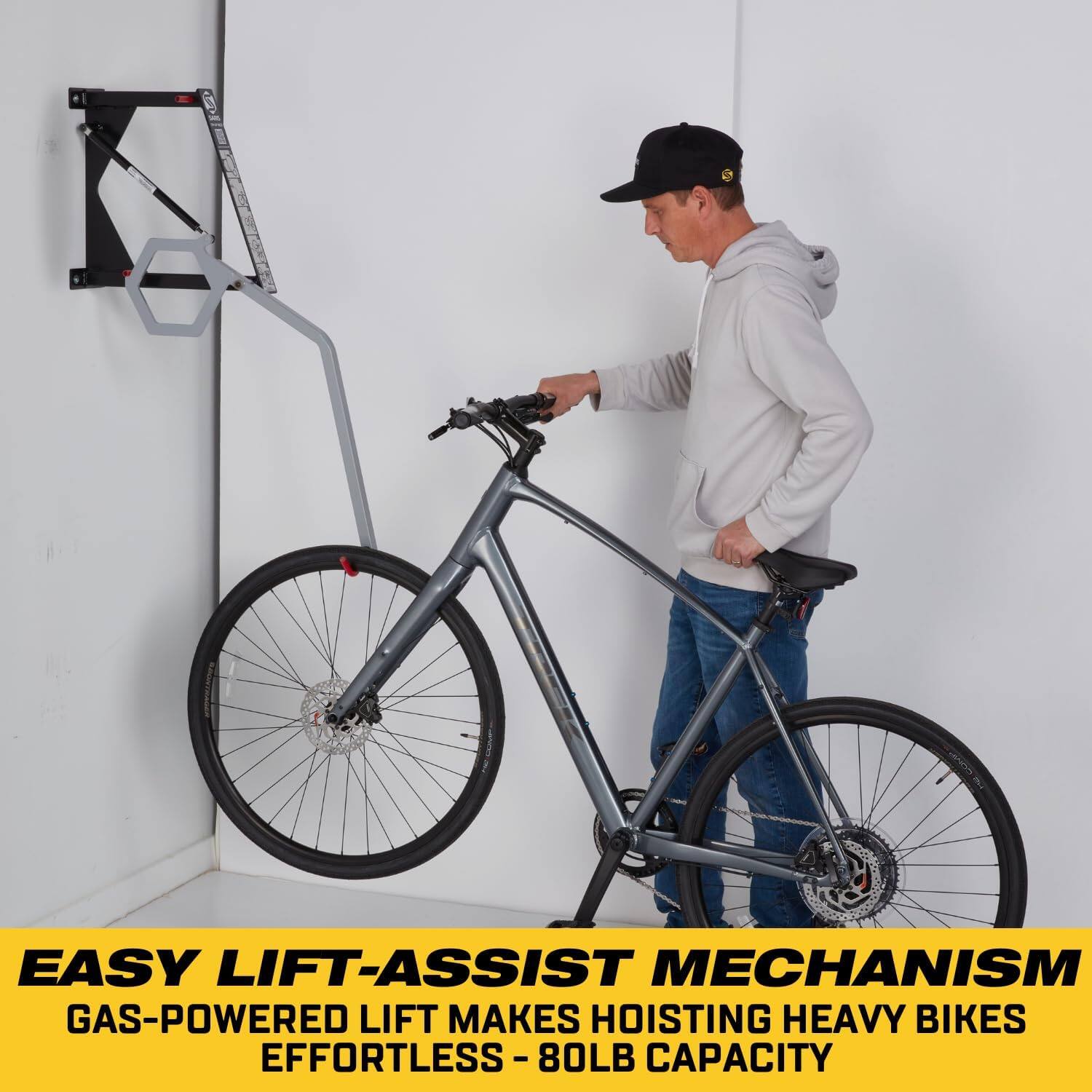 EASY LIFT-ASSIST MECHANISM  
GAS-POWERED LIFT MAKES HOISTING HEAVY BIKES EFFORTLESS - 80LB CAPACITY
