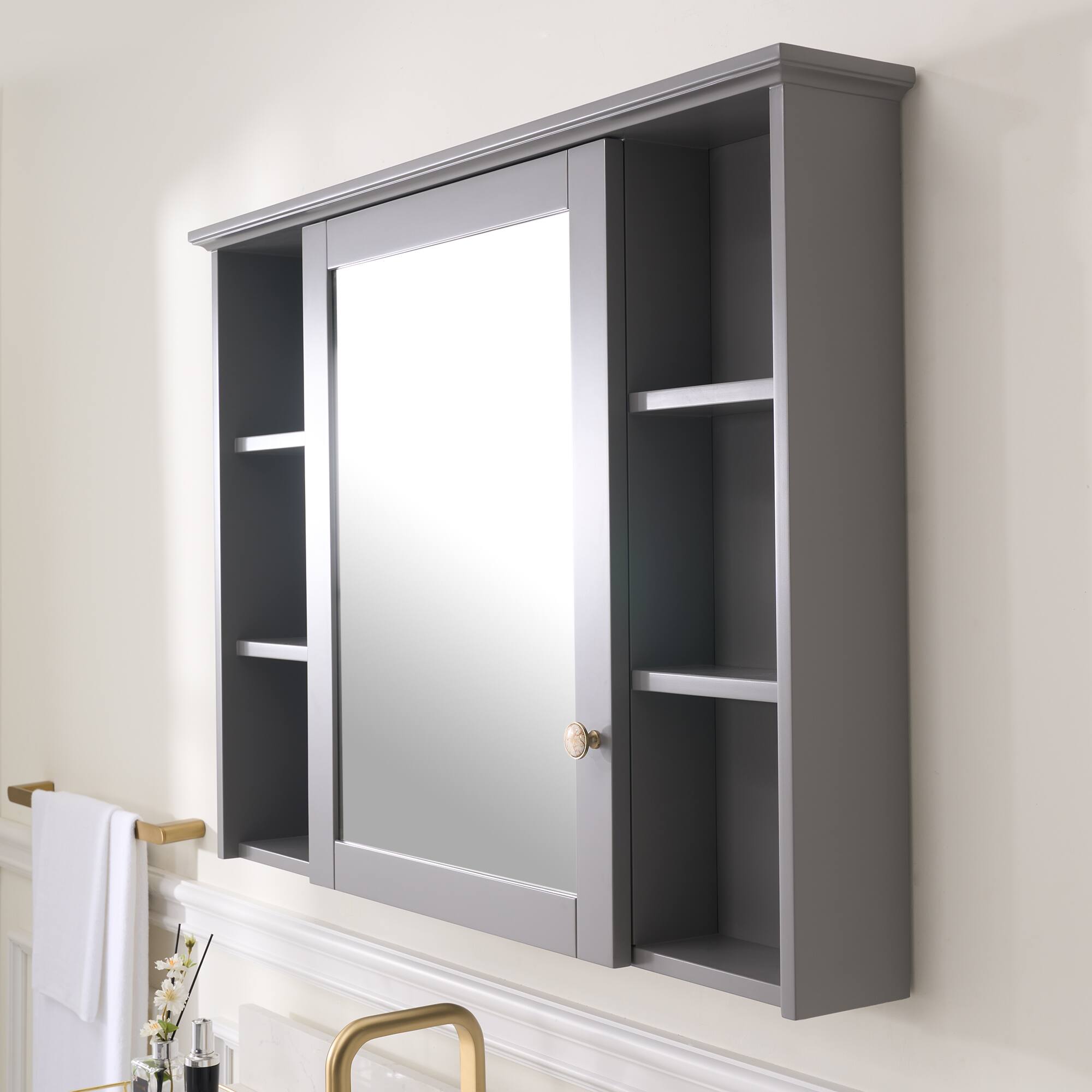 Alt View 6. WELLFOR - 42 in. W x 30 in. H Rectangular Solid Wood Frame Surface Mount Medicine Cabinet with Mirror and Soft Close Door - Gray.