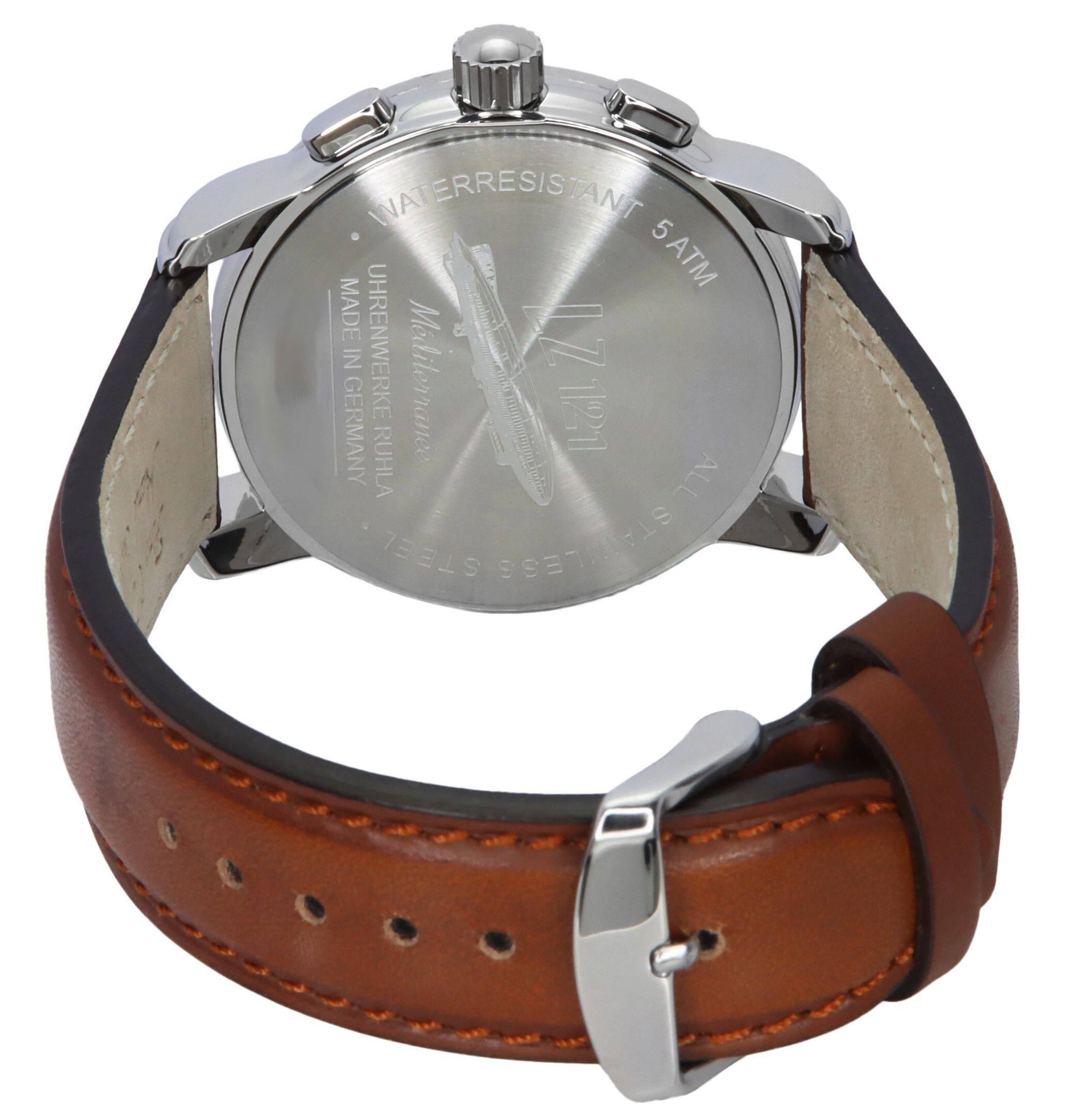 WATER RESISTANT 5ATM  
MADE IN GERMANY RUHLA  
UHRENWERKE RUHLA  
ALL STEEL  
121