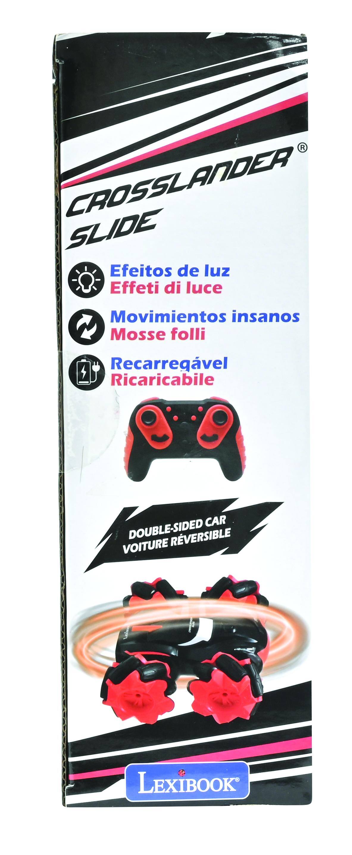CROSSLANDER SLIDE  
Efeitos de luz  
Effeti di luce  
Movimientos insanos  
Mosse folli  
Recarregável  
Ricaricabile  
CAR DOUBLE-SIDED  
VOITURE REVERSIBLE  
LEXIBOOK