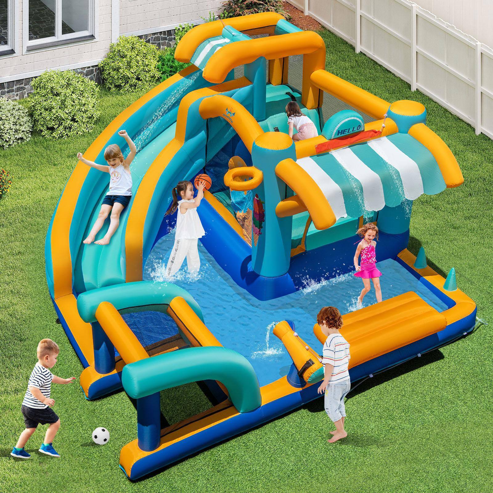 Left. Resenkos - Inflatable Water Slide Bounce House with Water Cannon - Summer Backyard Play Center - Multicolor.