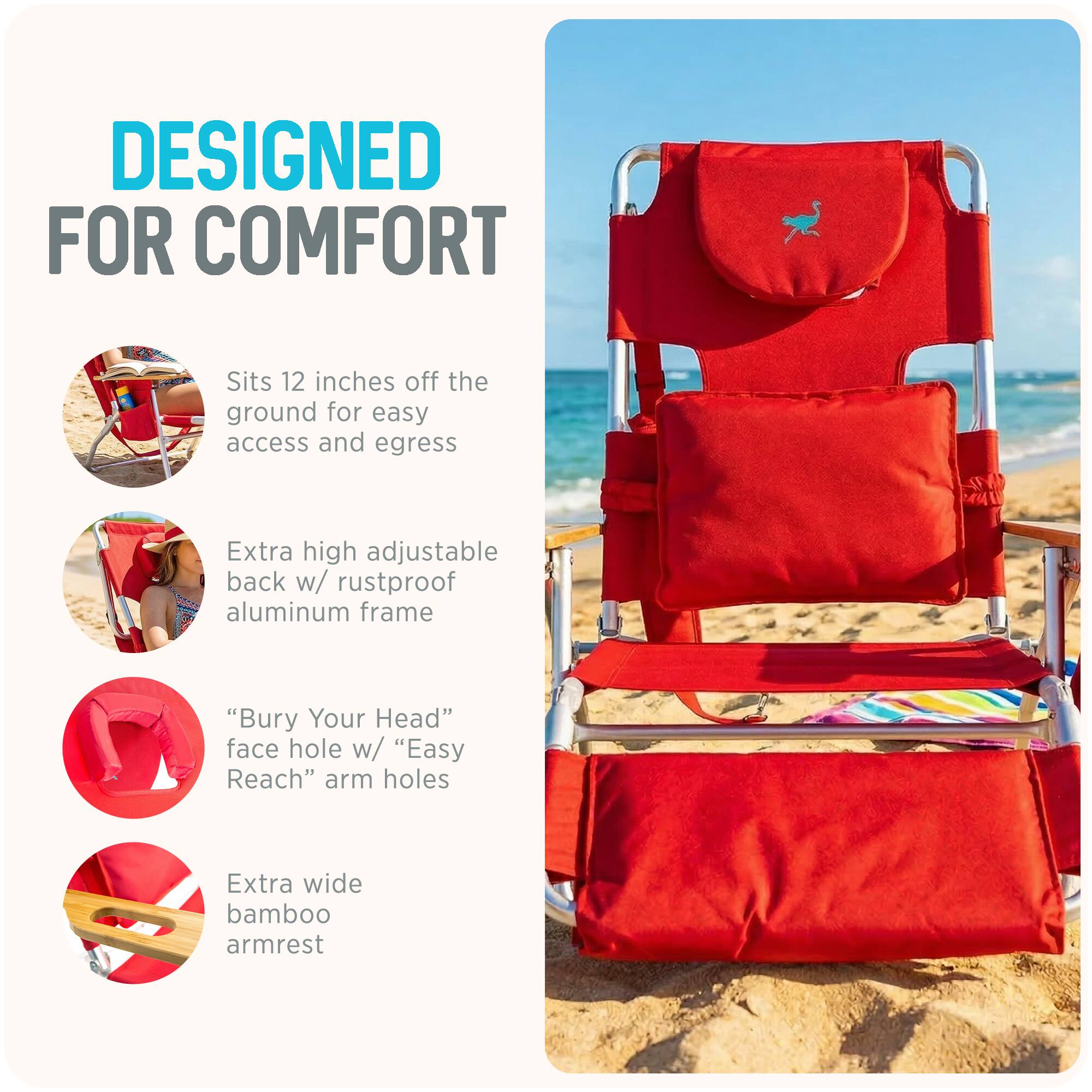 DESIGNED FOR COMFORT

- Sits 12 inches off the ground for easy access and egress
- Extra high adjustable back w/ rustproof aluminum frame
- "Bury Your Head" face hole w/ "Easy Reach" arm holes
- Extra wide bamboo armrest