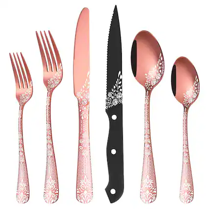Front. Dazzed Corner - 24 Pieces Silverware Set for 4, Rose Gold Stainless Steel Flatware Set with Unique Floral Laser - Rose Gold.