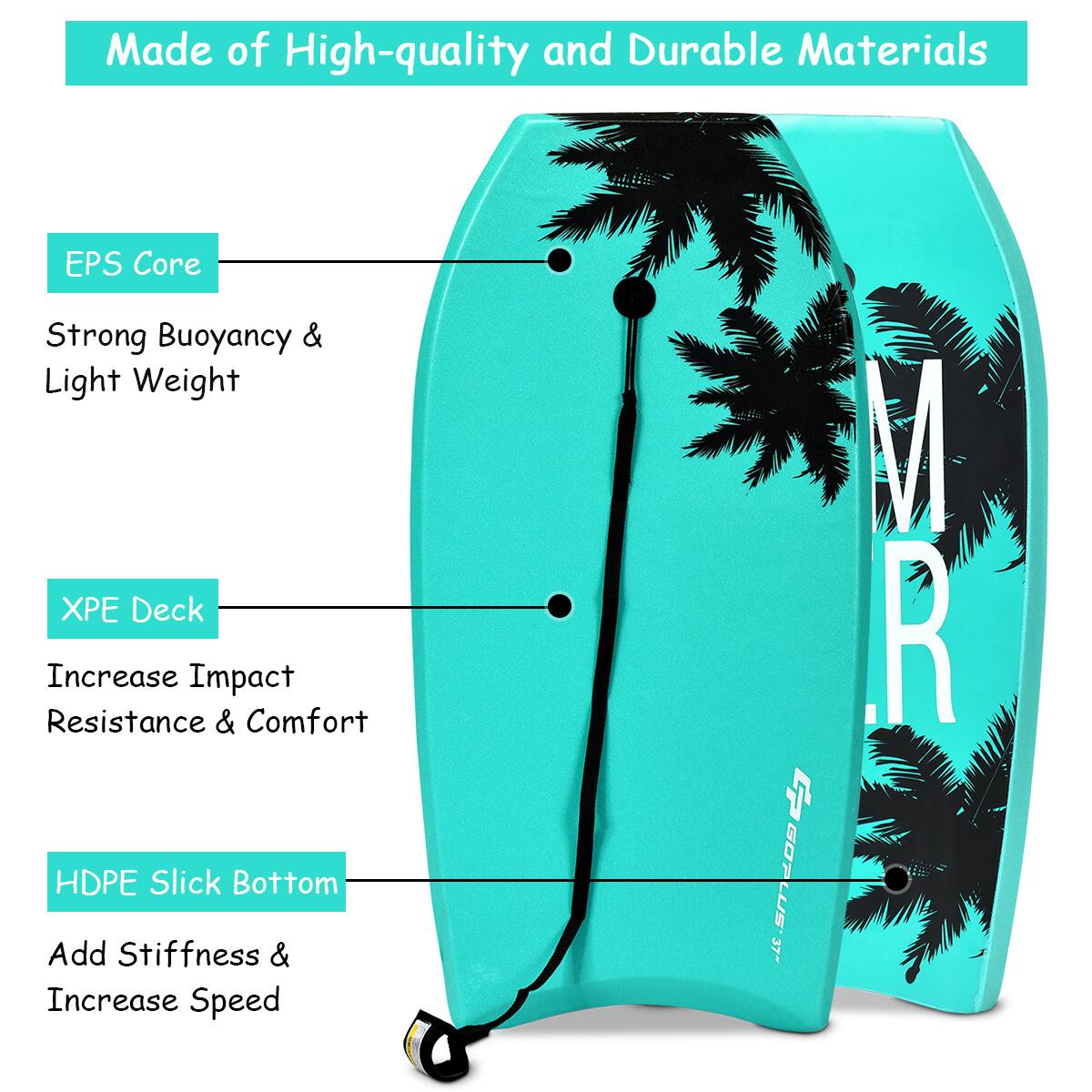 Made of High-quality and Durable Materials

EPS Core
Strong Buoyancy & Light Weight

XPE Deck
Increase Impact Resistance & Comfort

HDPE Slick Bottom
Add Stiffness & Increase Speed