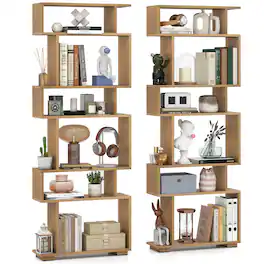 Gymax - 2PCS 6-Tier Bookshelf w/2 Anti-Tipping Kits Wooden Display Shelf for Home Office Natural - Yellow