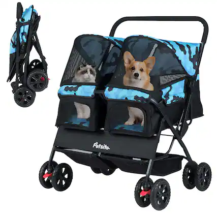 Front. Gymax - Gymax Double Pet Stroller w/ 2-seater Carrier Adjustable Sunshade Removable Pad Navy Blue.