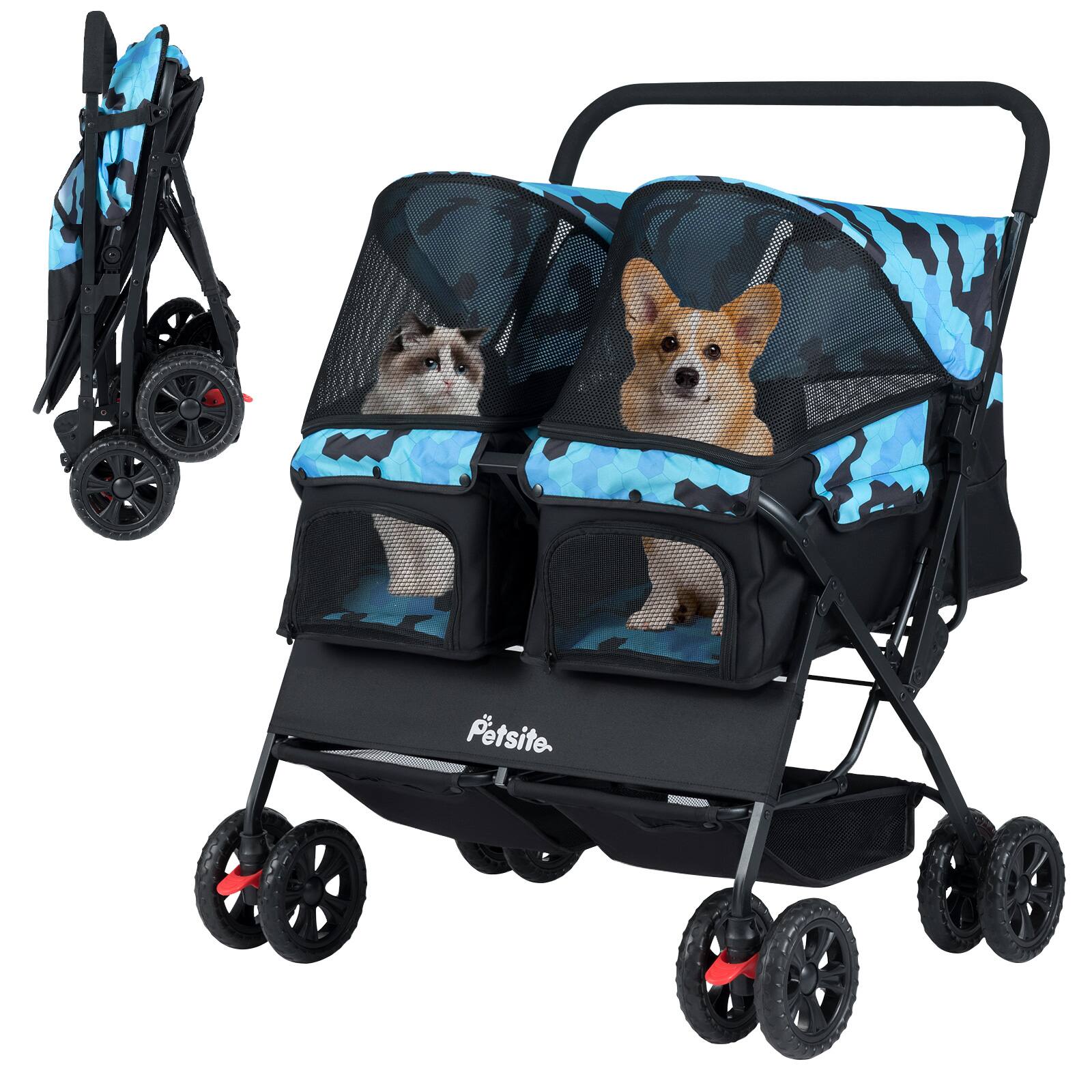 Gymax - Double Pet Stroller w/ 2-seater Carrier Adjustable Sunshade Removable Pad Navy Blue