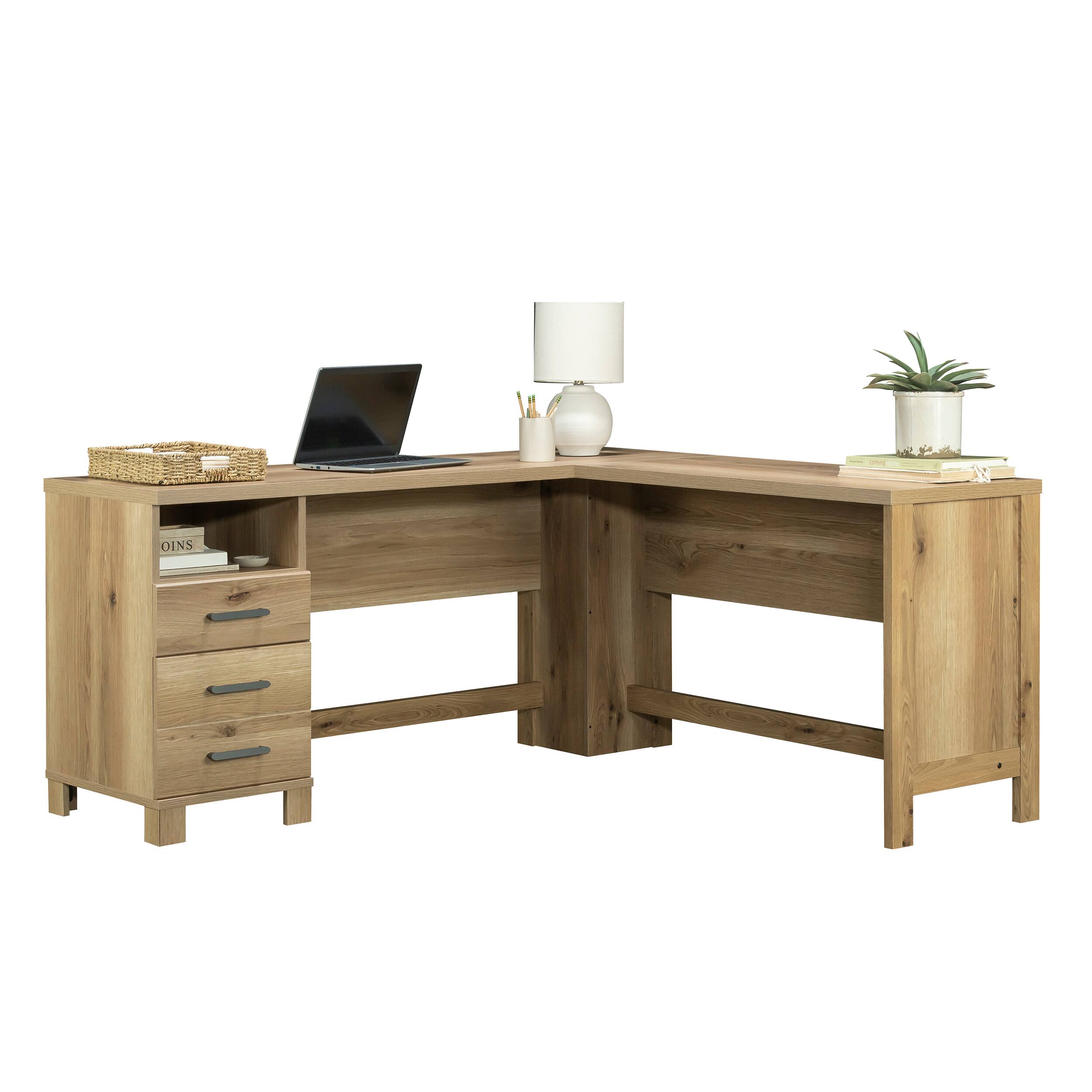 Angle. Spaco - 65x60" Rustic Computer Desk with Open Shelf, Small Drawer, Home Office - Brown.