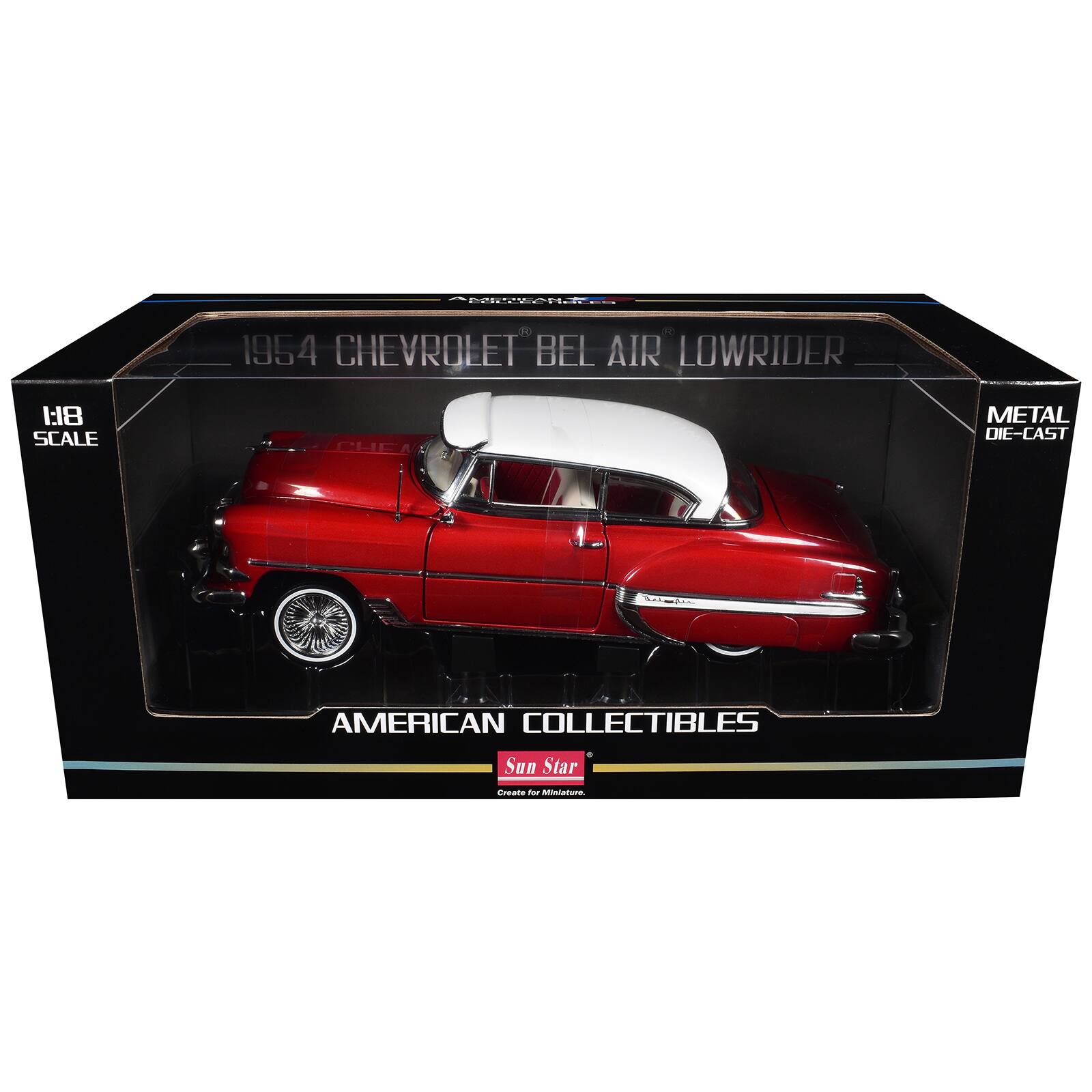 MEREAN  
1954 CHEVROLET BEL AIR LOWRIDER  
1:18 SCALE  
METAL DIE-CAST  
AMERICAN COLLECTIBLES  
Sun Star  
Create for Miniture.