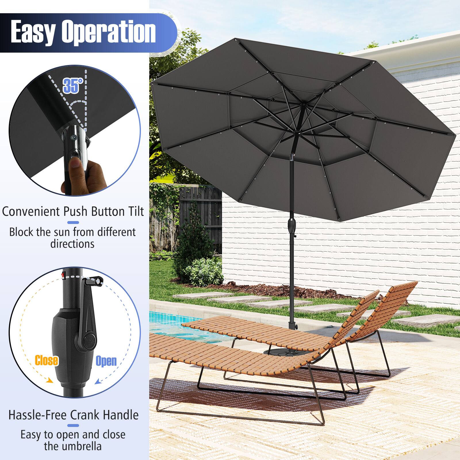 Easy Operation, Convenient Push Button Tilt, Block the sun from different directions, Hassle-Free Crank Handle, Easy to open and close the umbrella