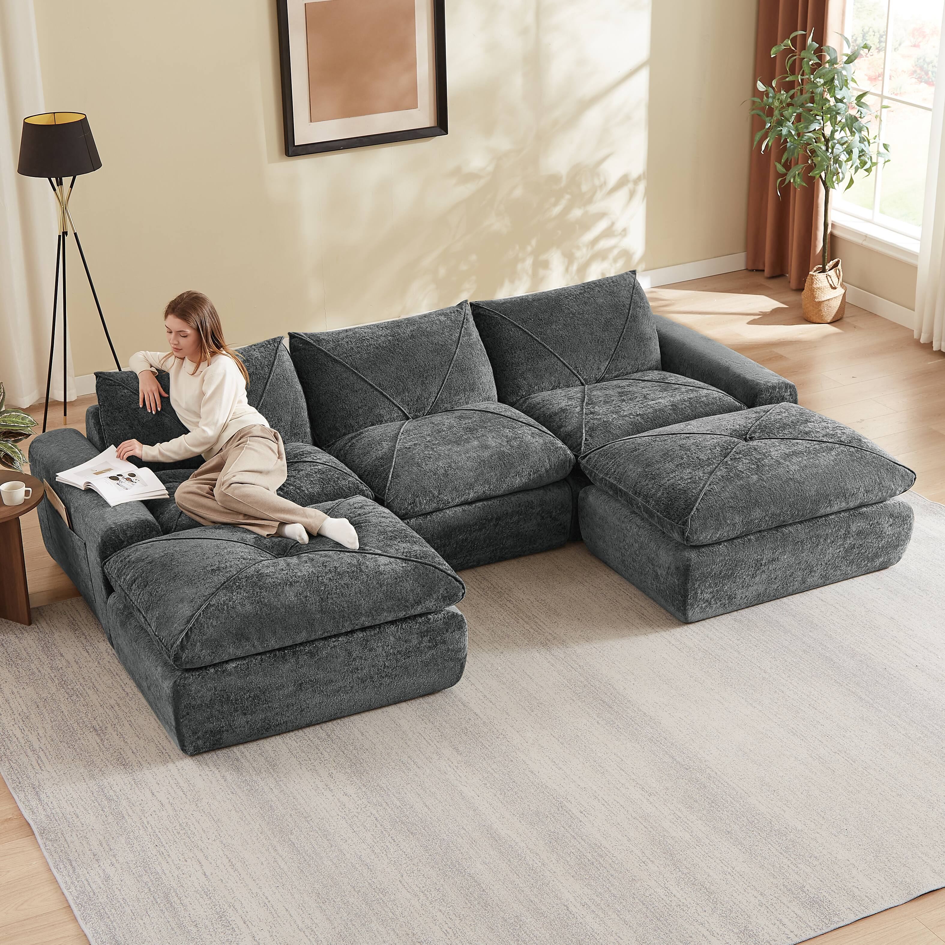 Left. Loheer - Loheer Chenille Sectional Sofa Modern Minimalist Couch with Ottoman for Living Room - Dark Gray.