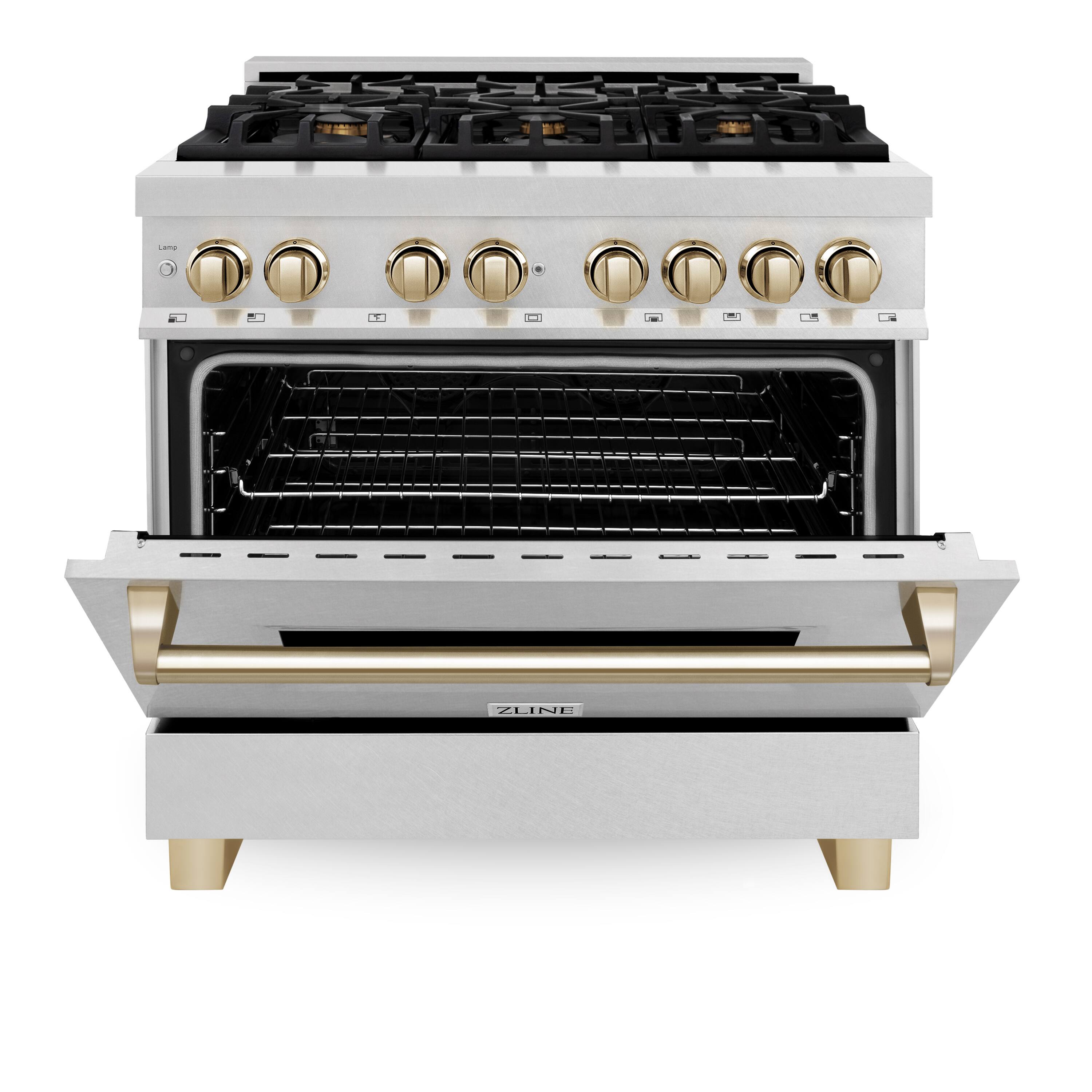 Angle. ZLINE - ZLINE Autograph 36 in. Legacy Dual Fuel Range in Satin Steel & Gold Accents (RASZ-SN-36-G) - Stainless steel.
