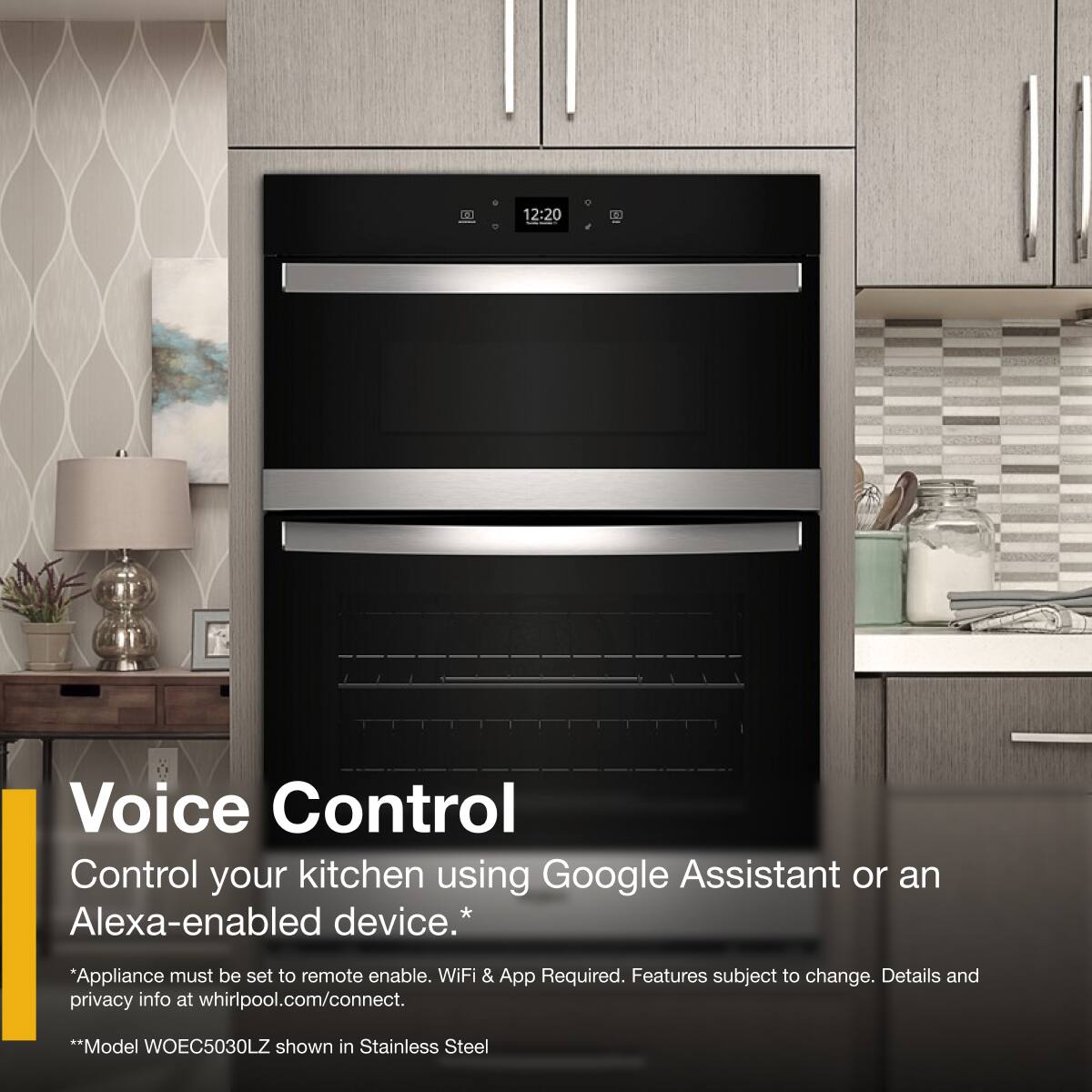 Voice Control  
Control your kitchen using Google Assistant or an Alexa-enabled device.*  
*Appliance must be set to remote enable. WiFi & App Required. Features subject to change. Details and privacy info at whirlpool.com/connect.  
**Model WOEC5030LZ shown in Stainless Steel