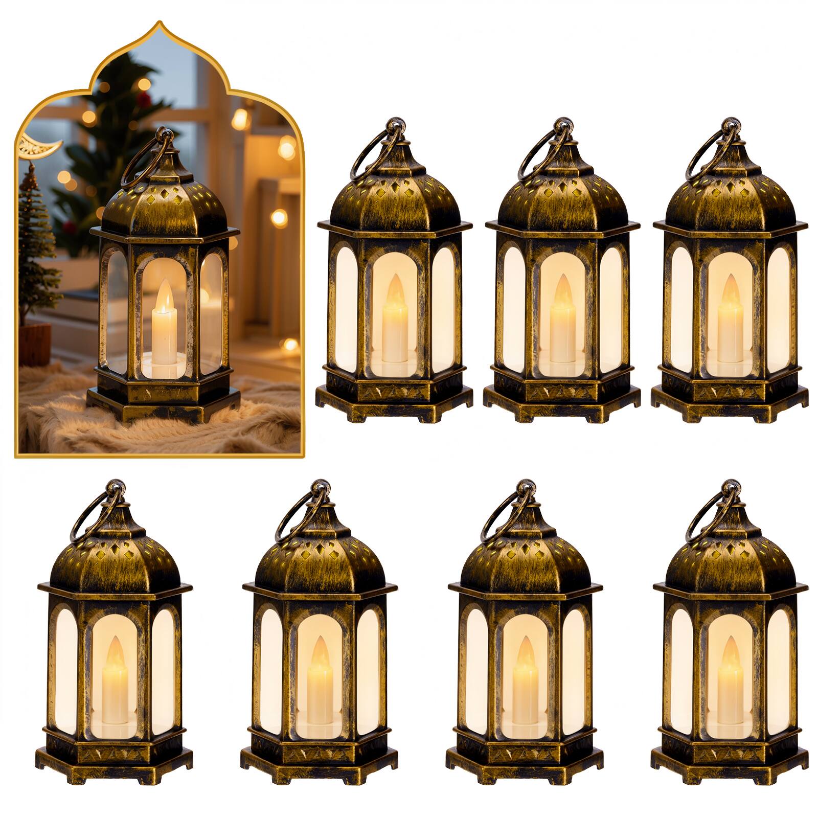 Alt View 7. IMAGE - 8 Pcs Mini Moroccan Hanging Lanterns with LED Lights - Brushed Bronze Without Ramadan Carved.