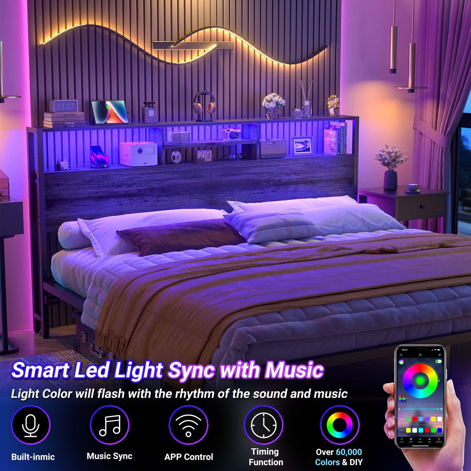 1107 R  
Smart Led Light Sync with Music  
Light Color will flash with the rhythm of the sound and music  
- Built-in mic  
- Music Sync  
- APP Control  
- Timing Function  
- Over 60,000 Colors & DIY