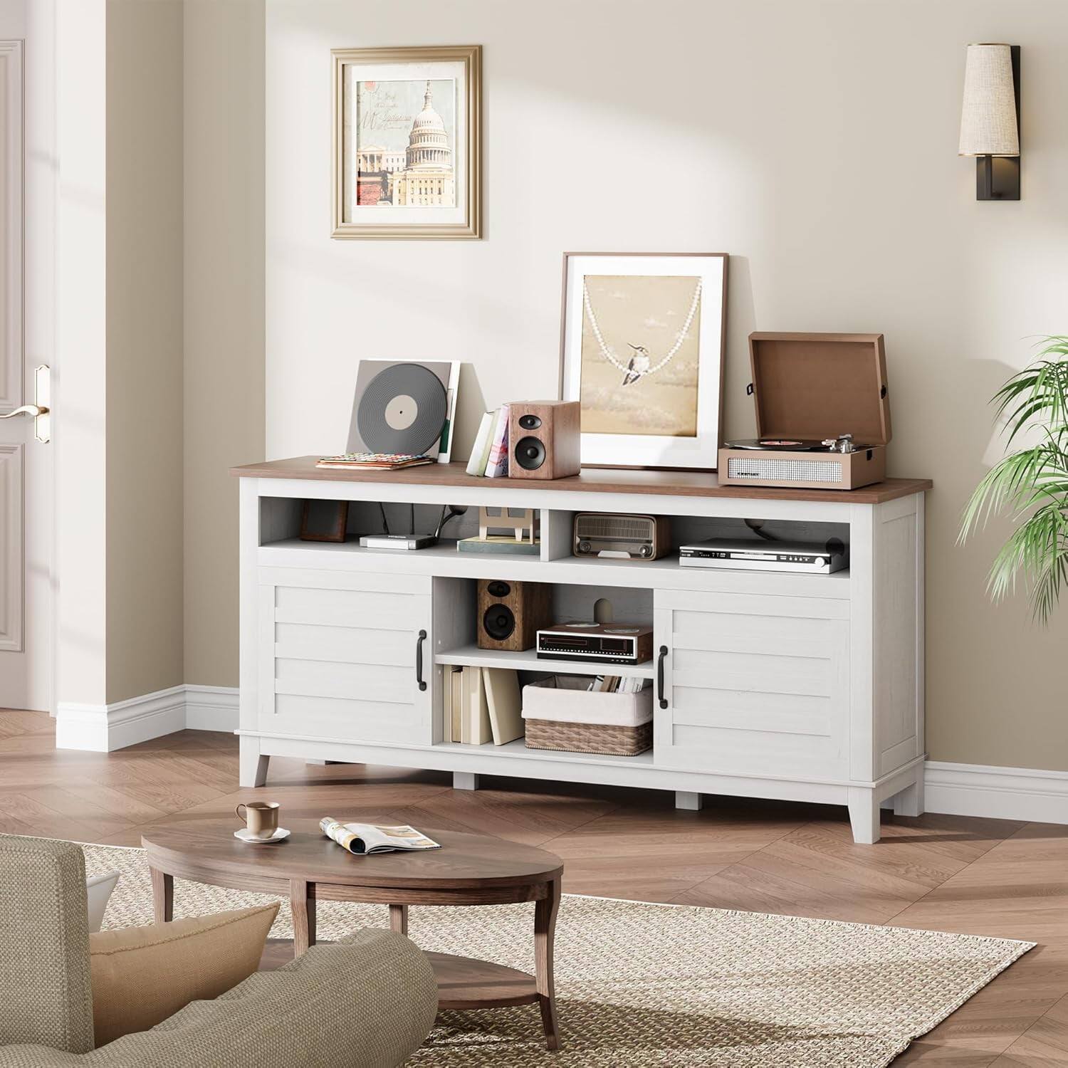 Left. Homhougo - TV Stand for 63-Inch TV, White Farmhouse Entertainment Center with Adjustable Shelves & Doors - White.