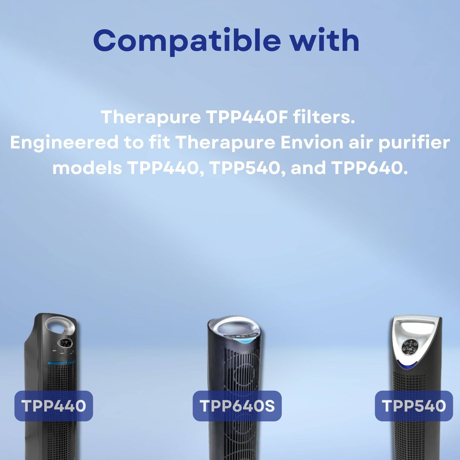 Compatible with Therapure TPP440F filters. Engineered to fit Therapure Envion air purifier models TPP440, TPP540, and TPP640.