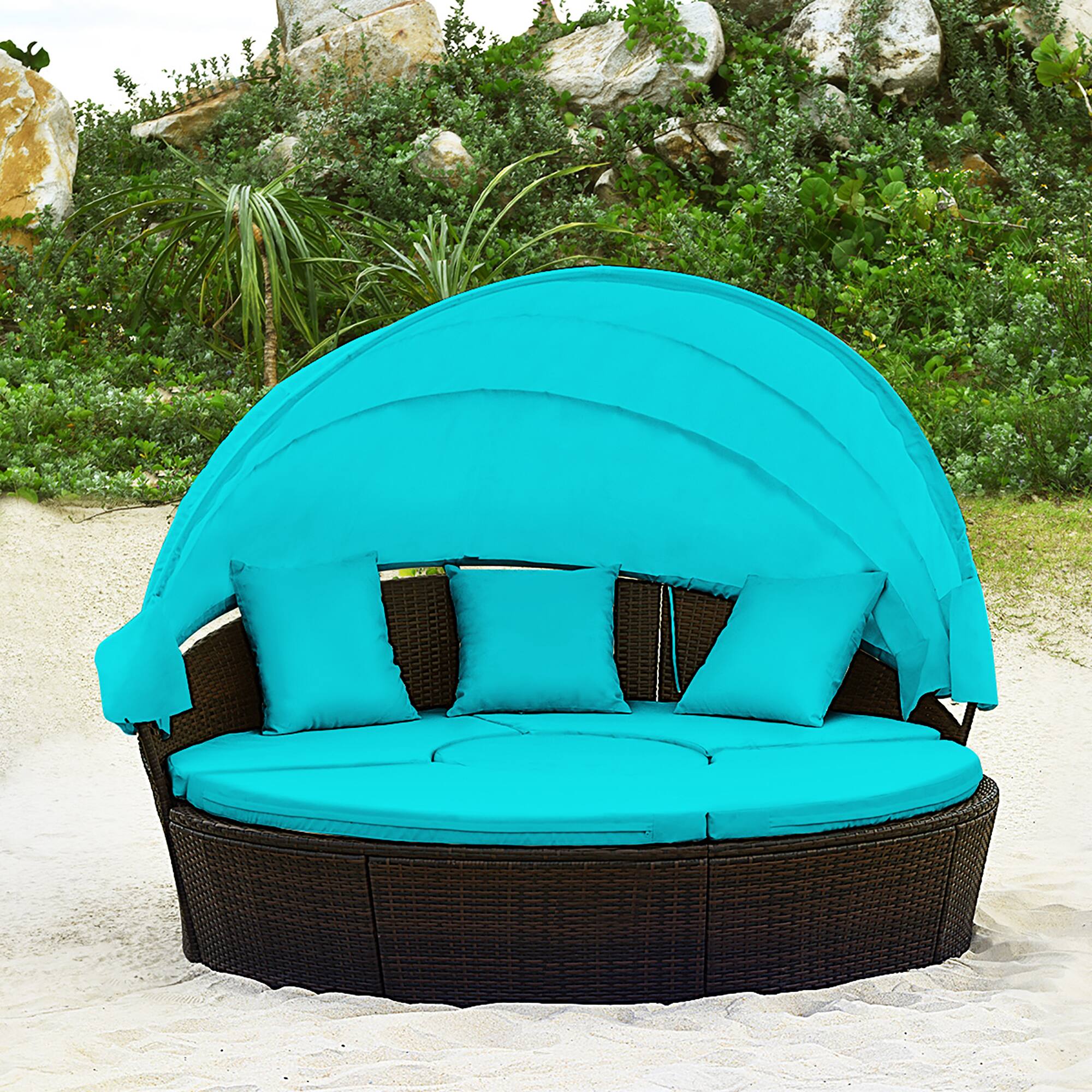 Alt View 4. Gymax - Gymax Cushioned Patio Rattan Round Daybed w/ Adjustable Table 3 Pillows Turquoise - Turquoise.