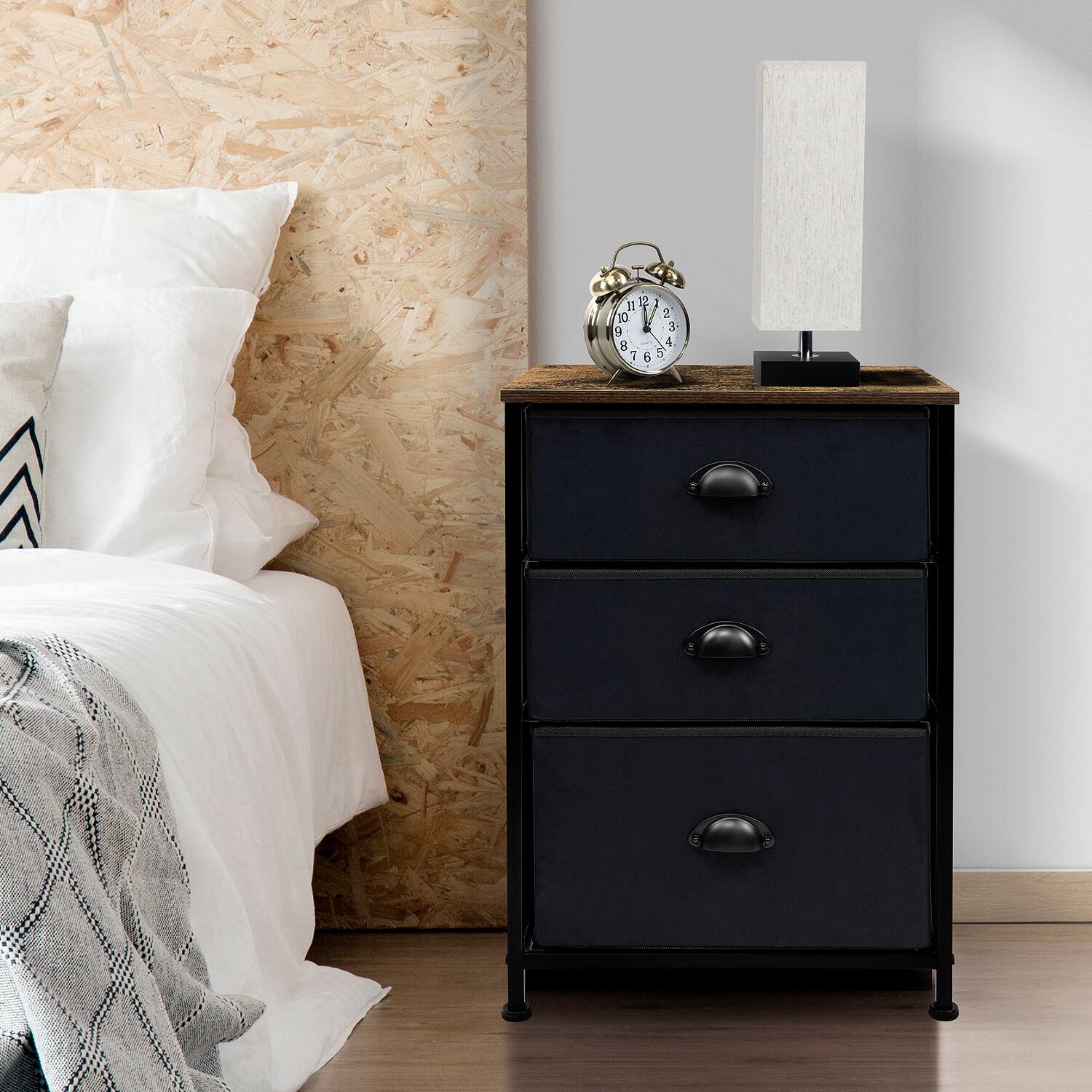 Angle. Sorbus - Sorbus Nightstand with 3 Drawers - Steel Frame, Wood Top &Fabric Bins -Home, Bedroom, Office & College Dorm - Black/wood top.