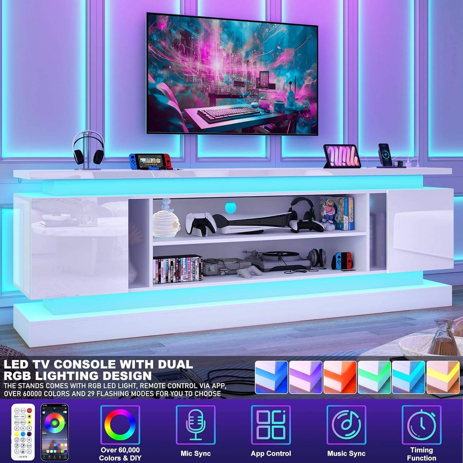 LED TV Console with Dual RGB Lighting Design

The stands come with RGB LED light, remote control via app, over 60,000 colors, and 29 flashing modes for you to choose. 

Over 60,000 Colors & DIY Mic Sync App Control Music Sync Timing Function