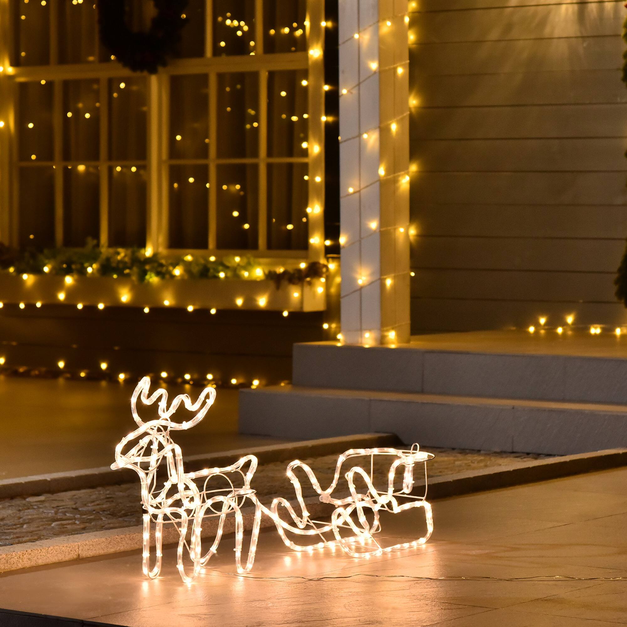 Angle. Dexmalle - Dexmalle-35"LED Reindeer Sleigh Outdoor Christmas Standing Figure Decoration - White.