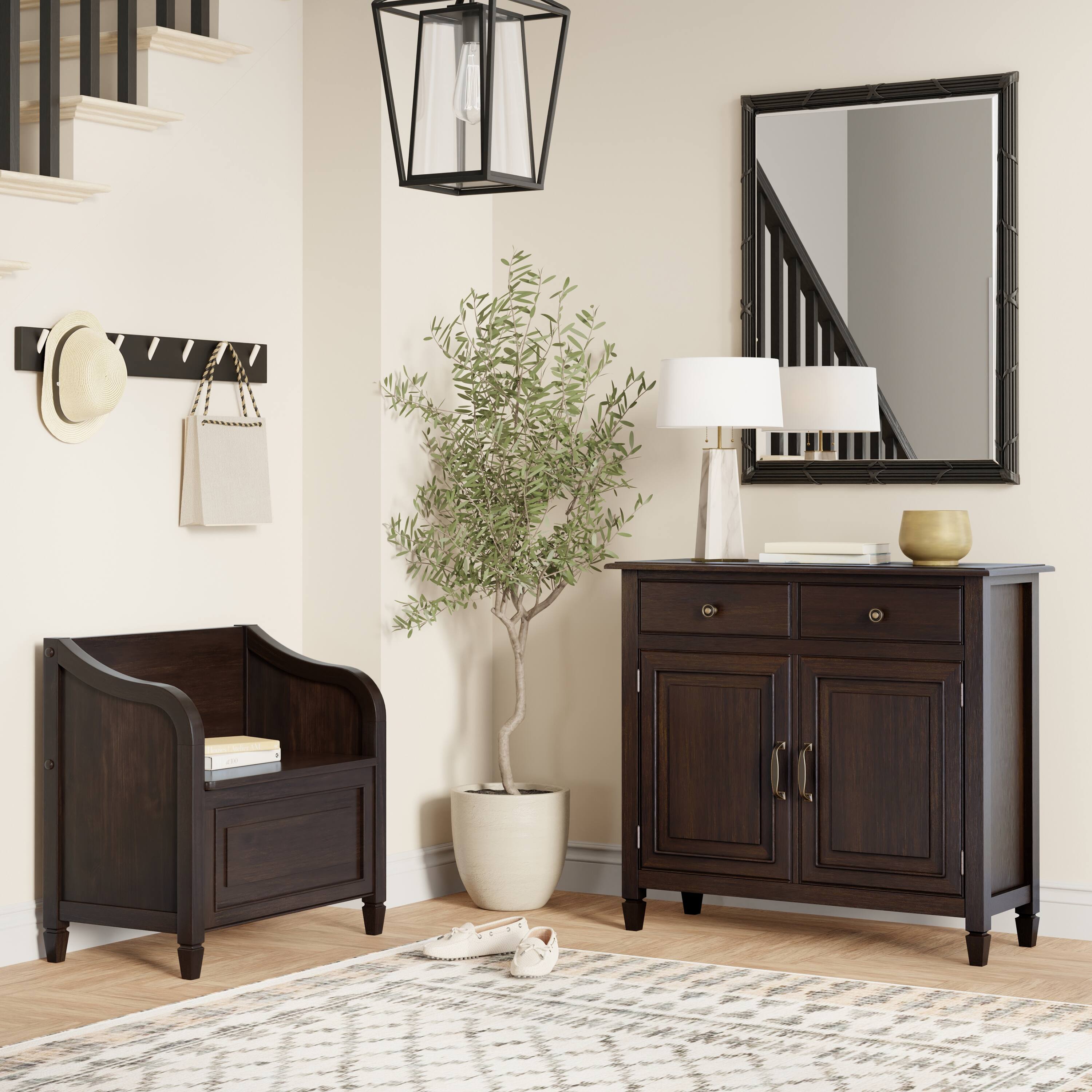 Angle. Simpli Home - Connaught Solid Wood 30 inch Wide Small Storage Bench and 40 inch Wide Storage Cabinet in Dark Chestnut Brown - Chestnut Brown.